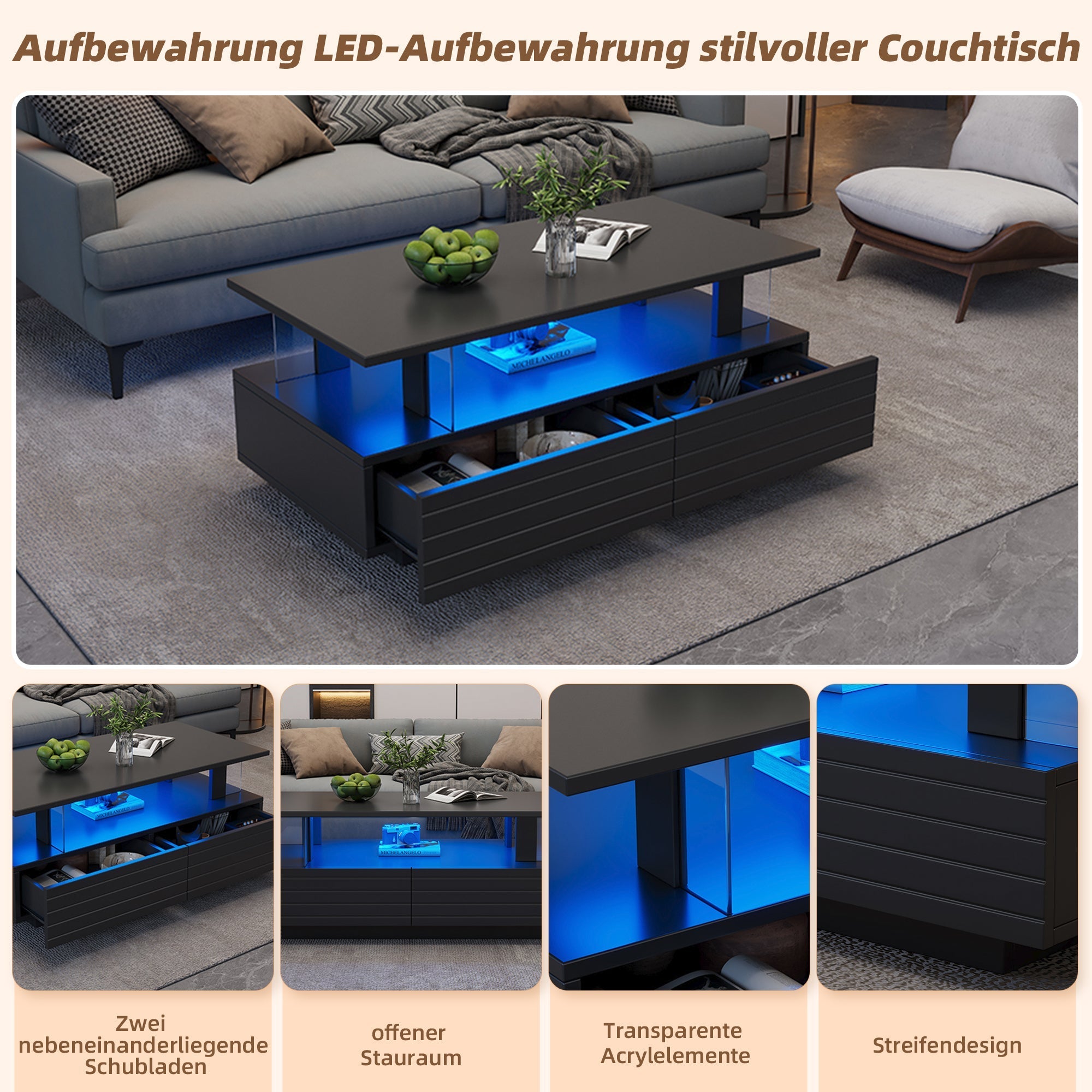 LED Coffee Table Double-Layer Rectangular Storage Bluetooth App Control, Black Acrylic