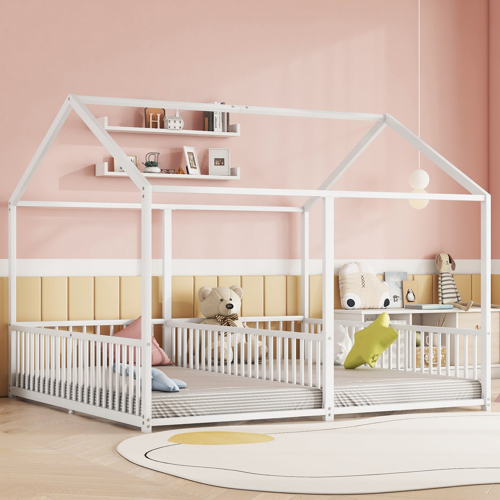 Metal Children's Bed 90x200cm House Design Railing Ladder - White