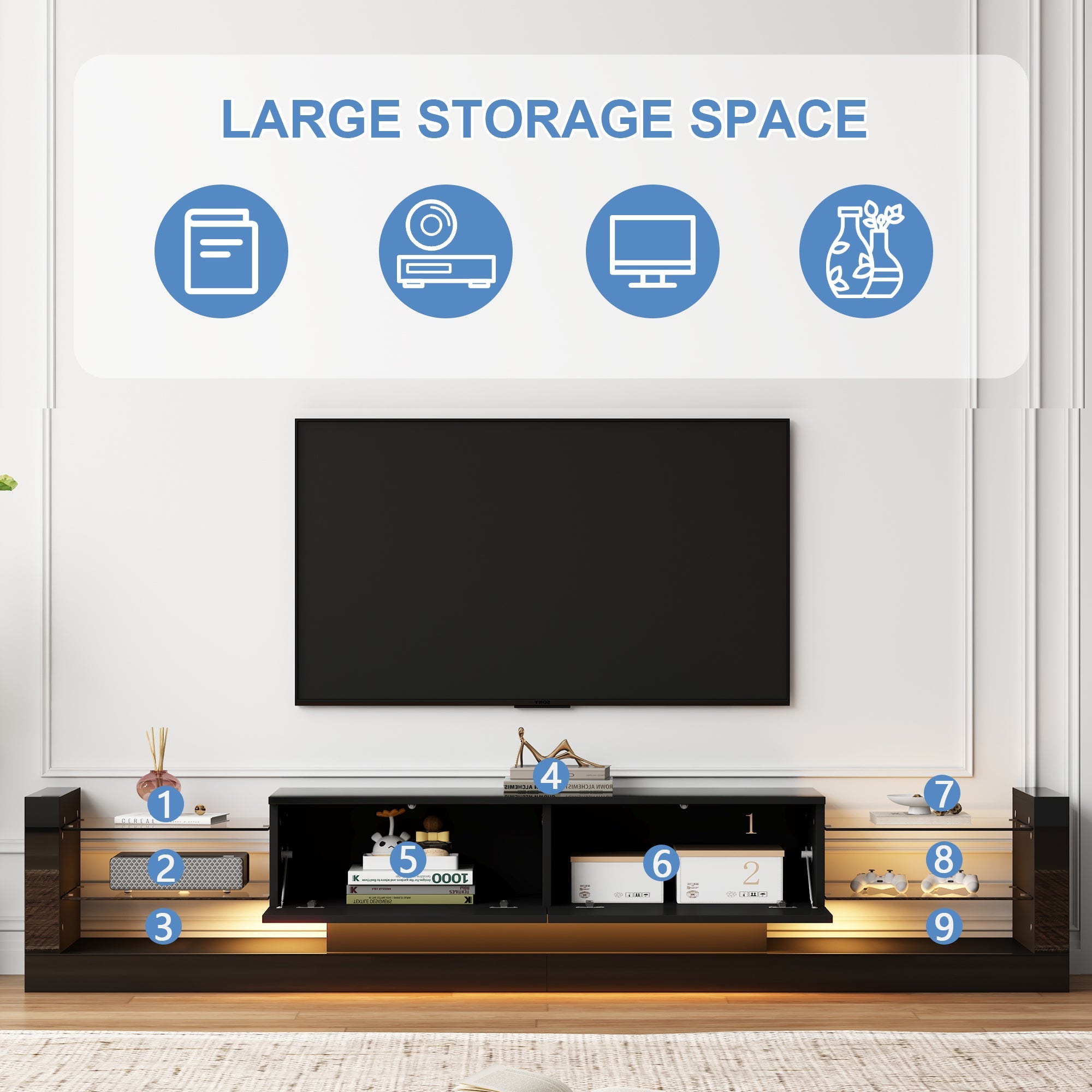 TV Cabinet, 181cm LED Lit, 80-inch Capacity, High-Gloss White