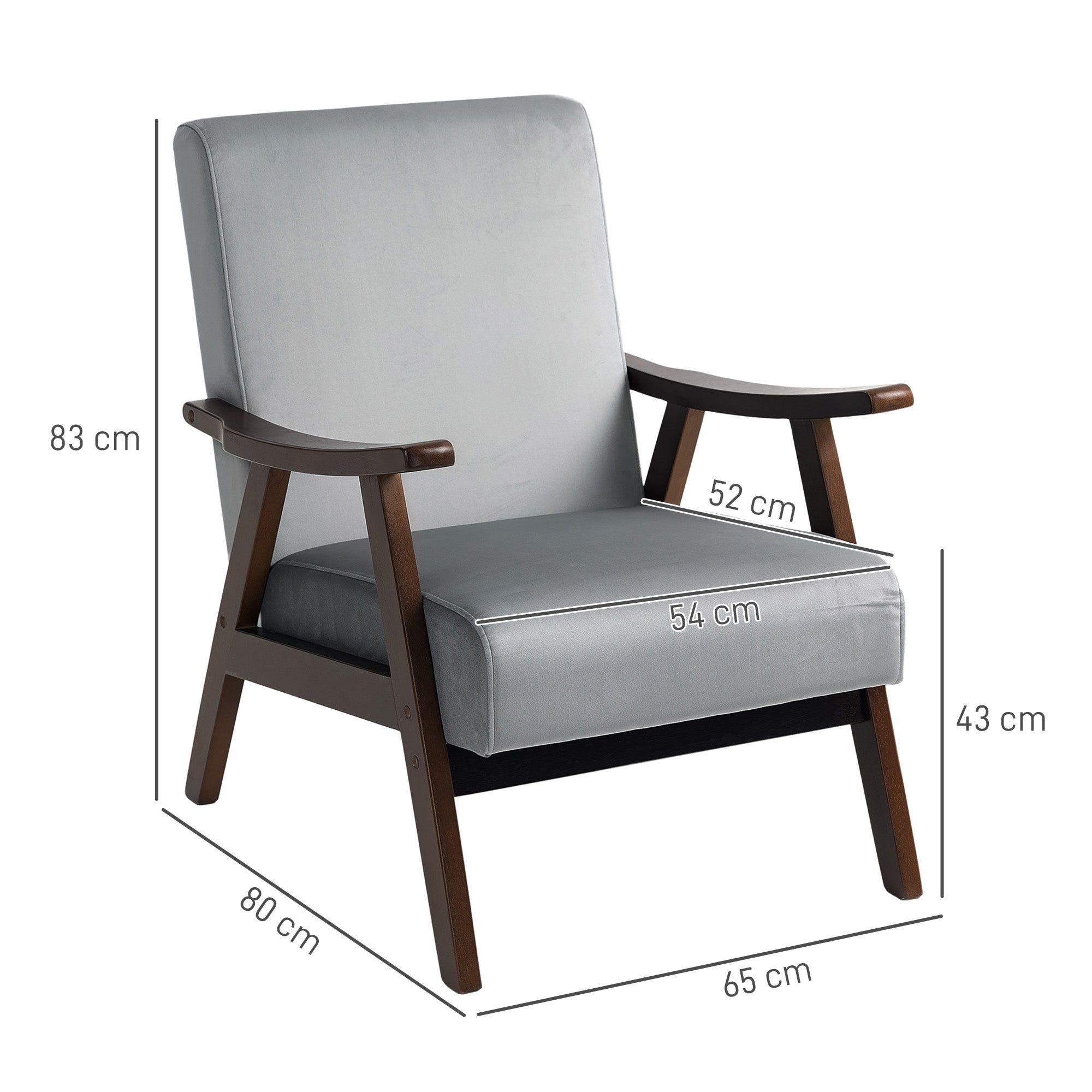 Nordic Accent Chair, Upholstered Armchair with Solid Wood Frame, Velvet Grey