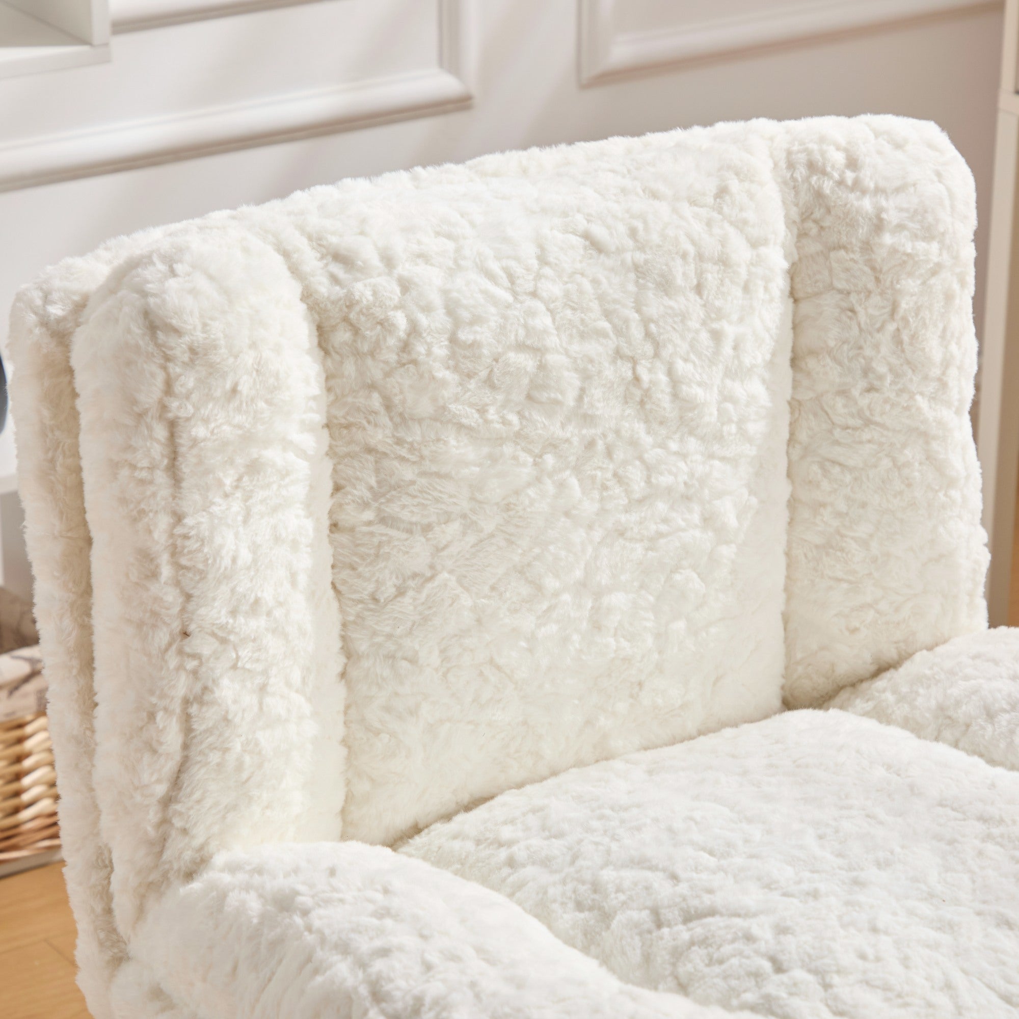 Wider Seat Office Chair with Artificial Rabbit Hair and Swivel Metal Base, Cream