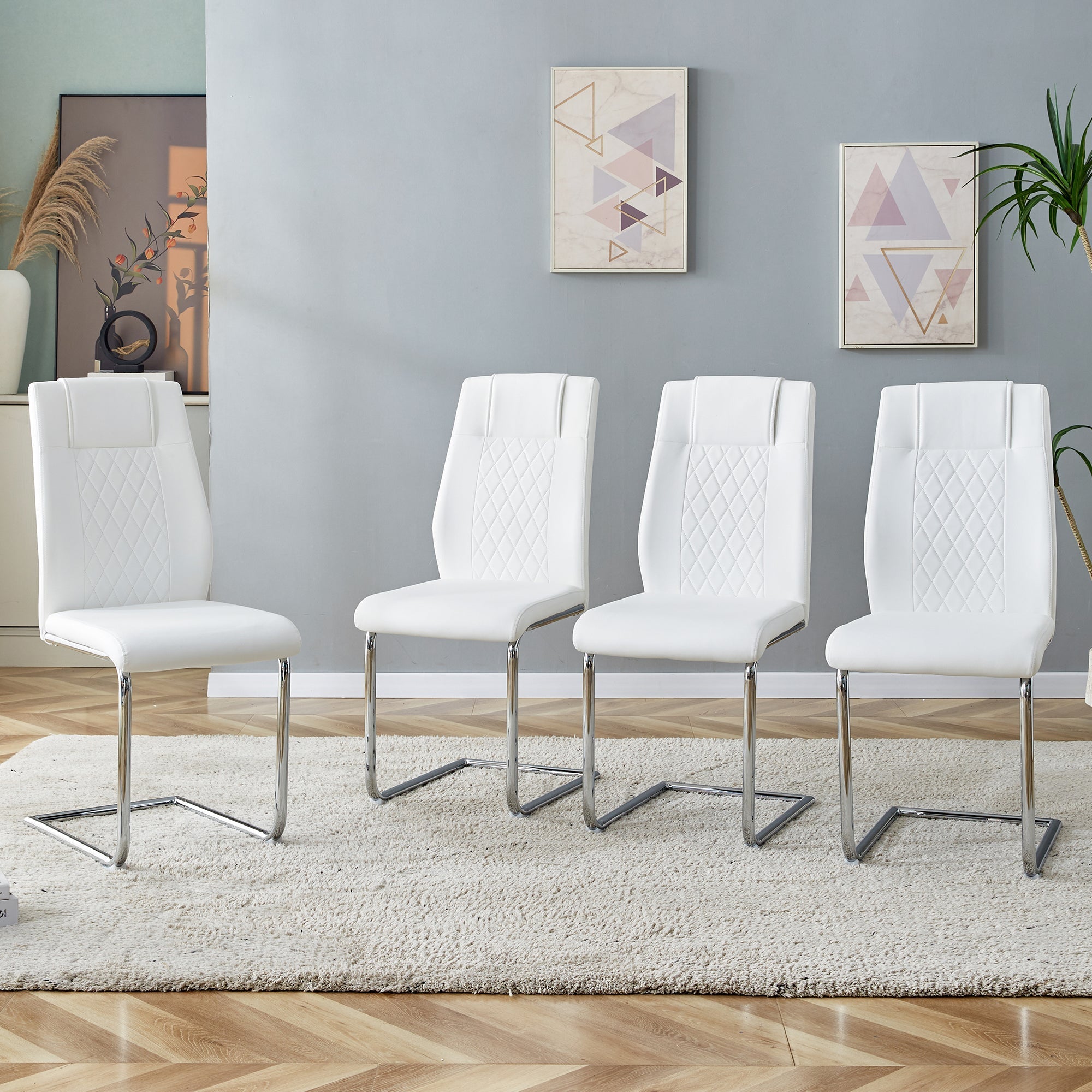 Scandinavian Dining Chairs Set of 4 Mesh Back Metal Legs - White PU