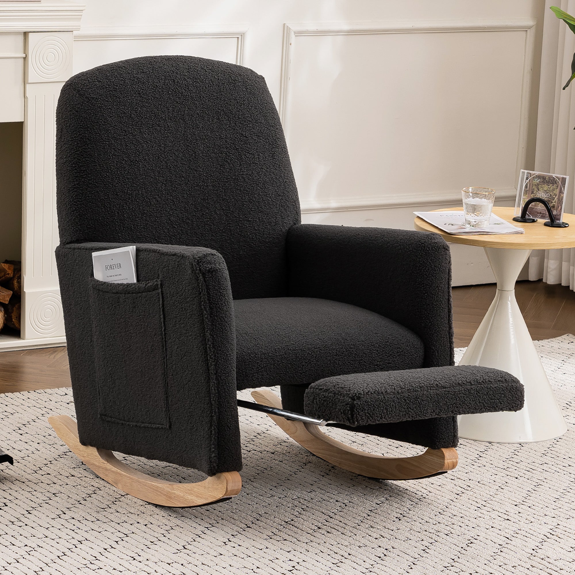 Rocking Chair with Stool, Recliner, High Back, Dark Grey Teddy Fabric