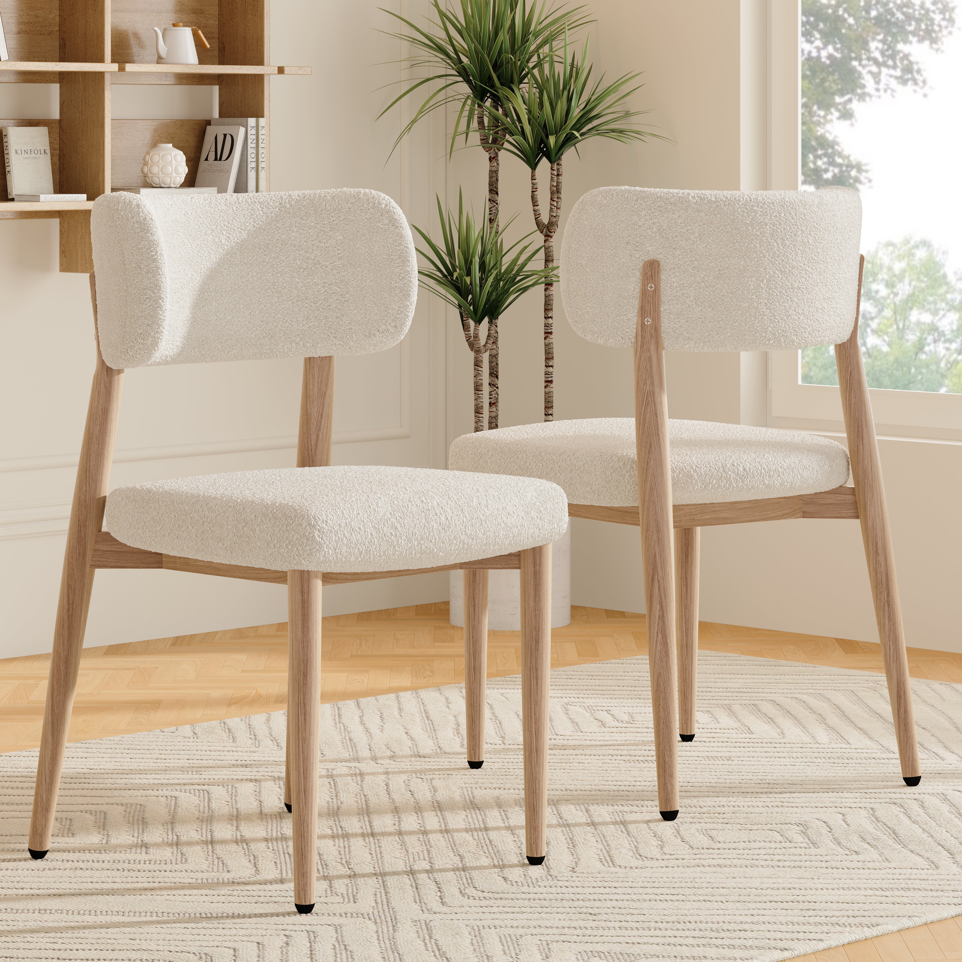 Dining Chairs Set of 4, Metal with Wood Look and Breathable Bouclé, Natural Color