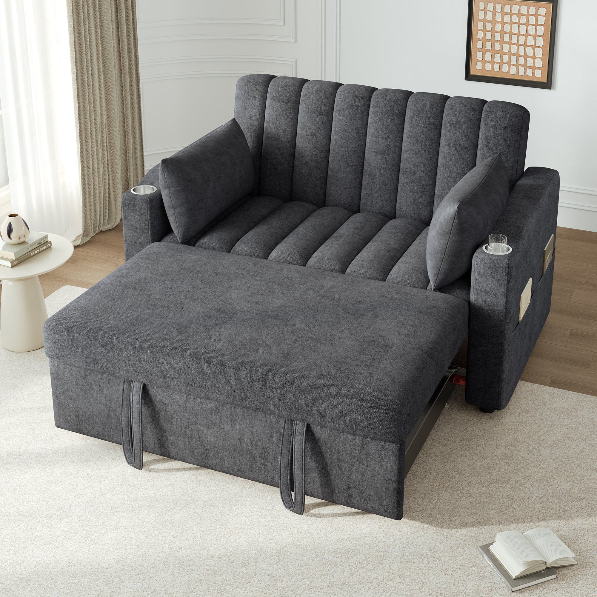 Modern Sofa Bed Multifunctional Adjustable Backrest with Drink Holder & Cushions