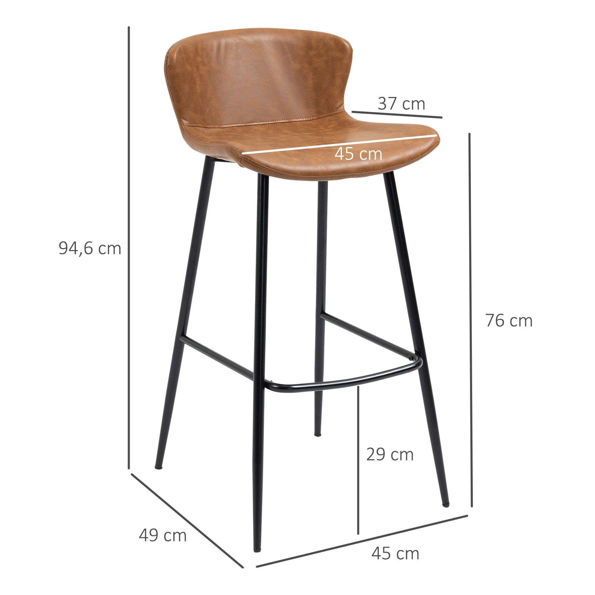 Bar Stools Set of 2, Upholstered with Backs, Steel Legs, PU Leather Brown