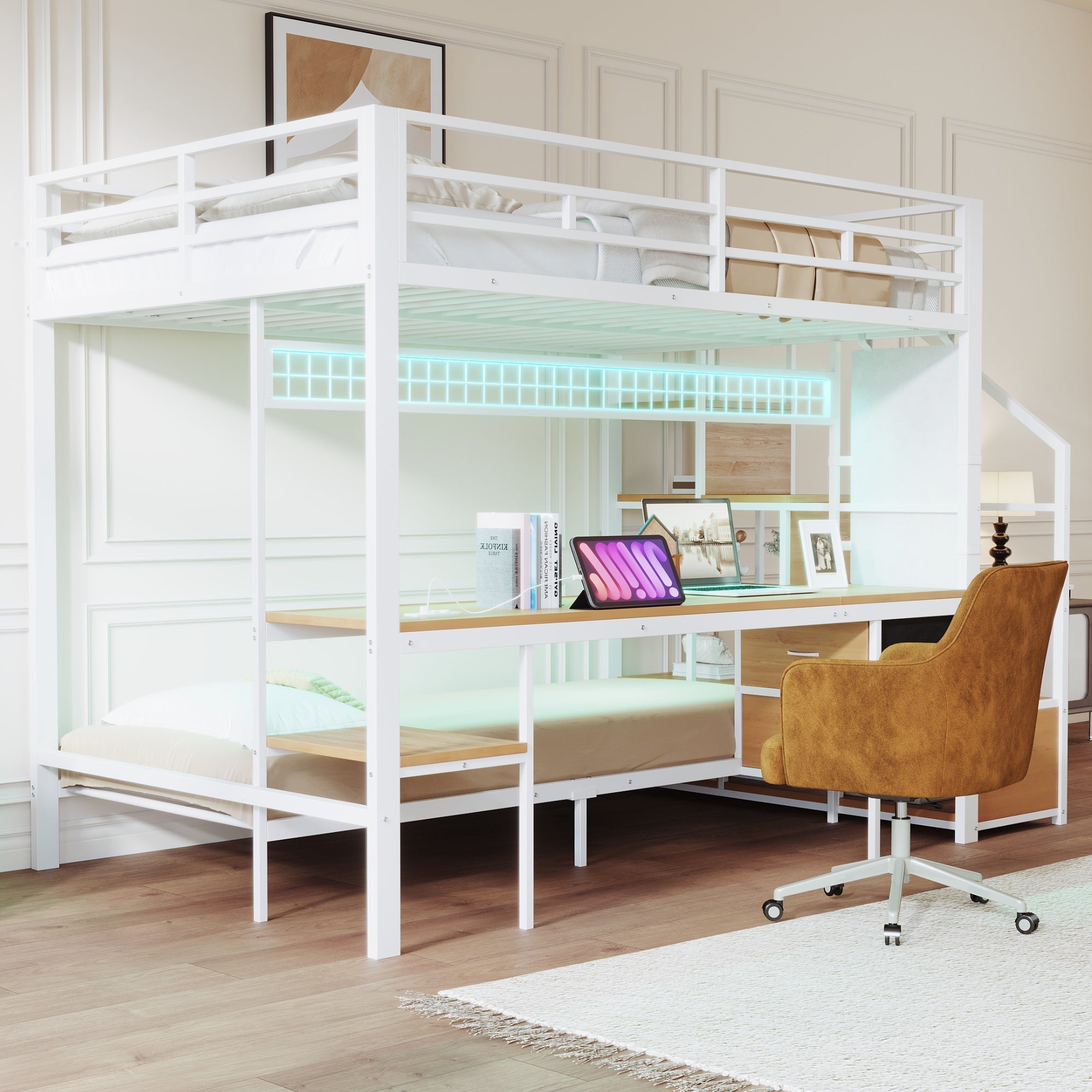Metal Loft Bunk Bed with Desk LED Storage 140x200/90x200 White