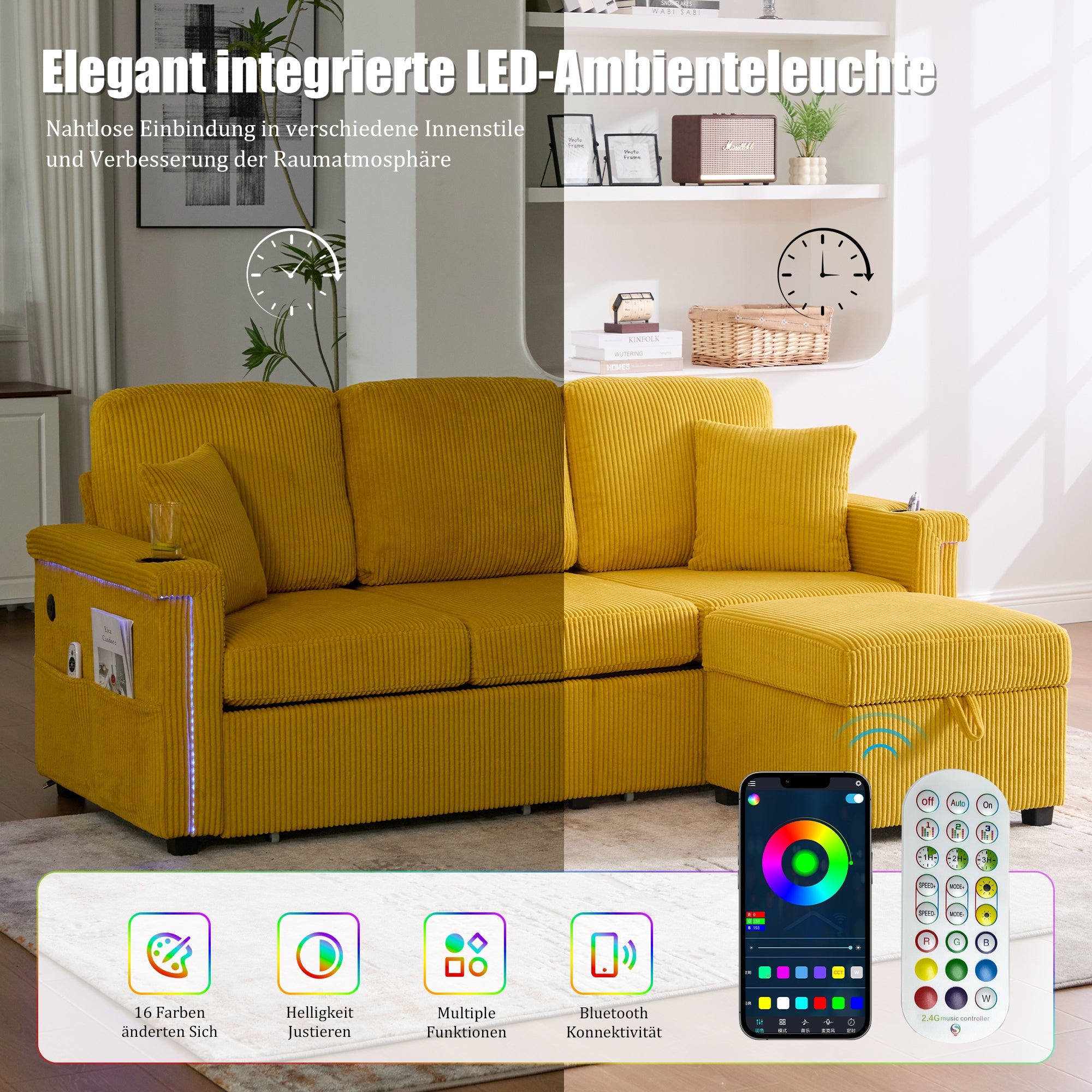 Velvet Sofa, LED Lighting, USB-C Port, Storage Footrest, Cup Holders, Side Pockets, Mustard Yellow