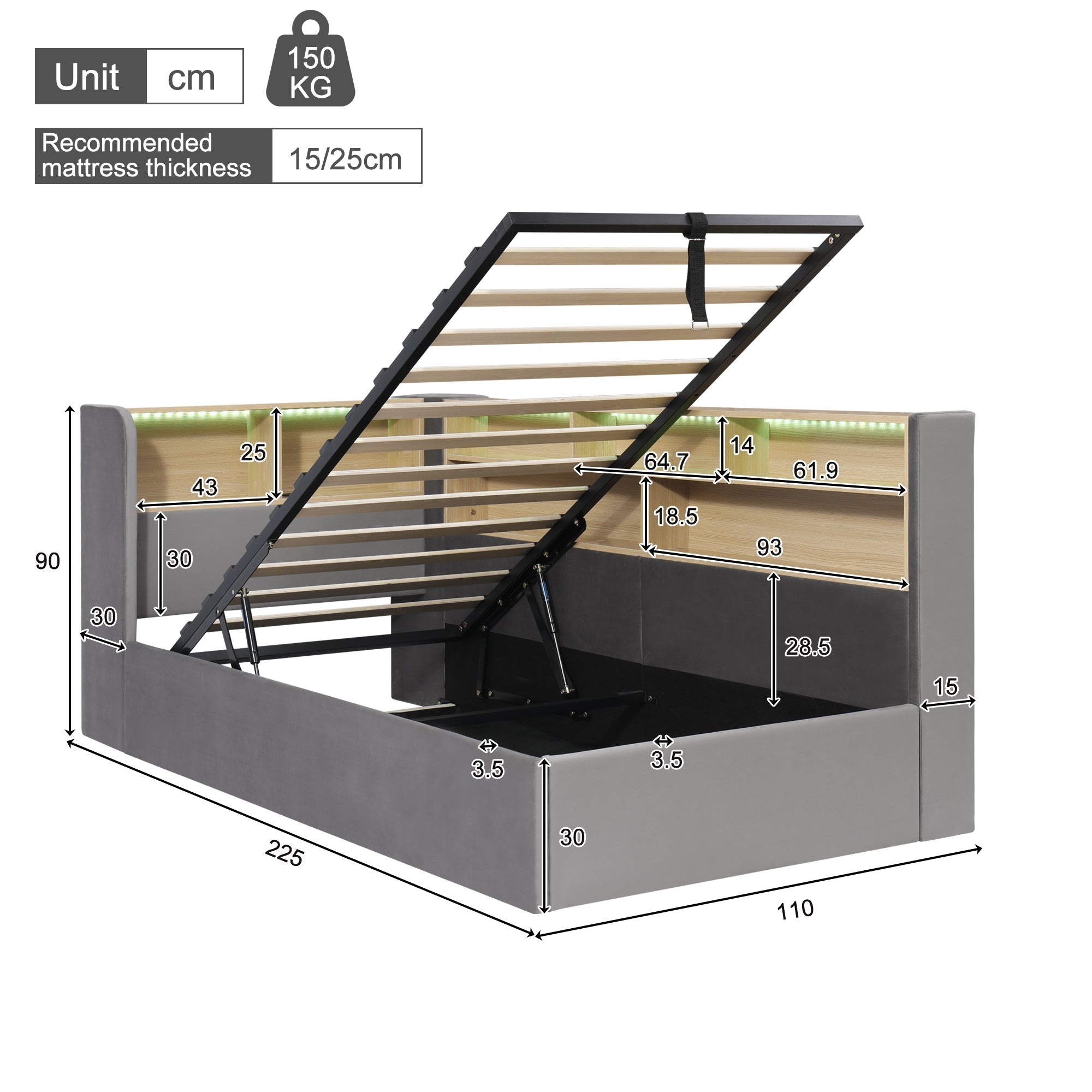 Daybed with Hydraulic Storage, LED and USB, Grey Velvet