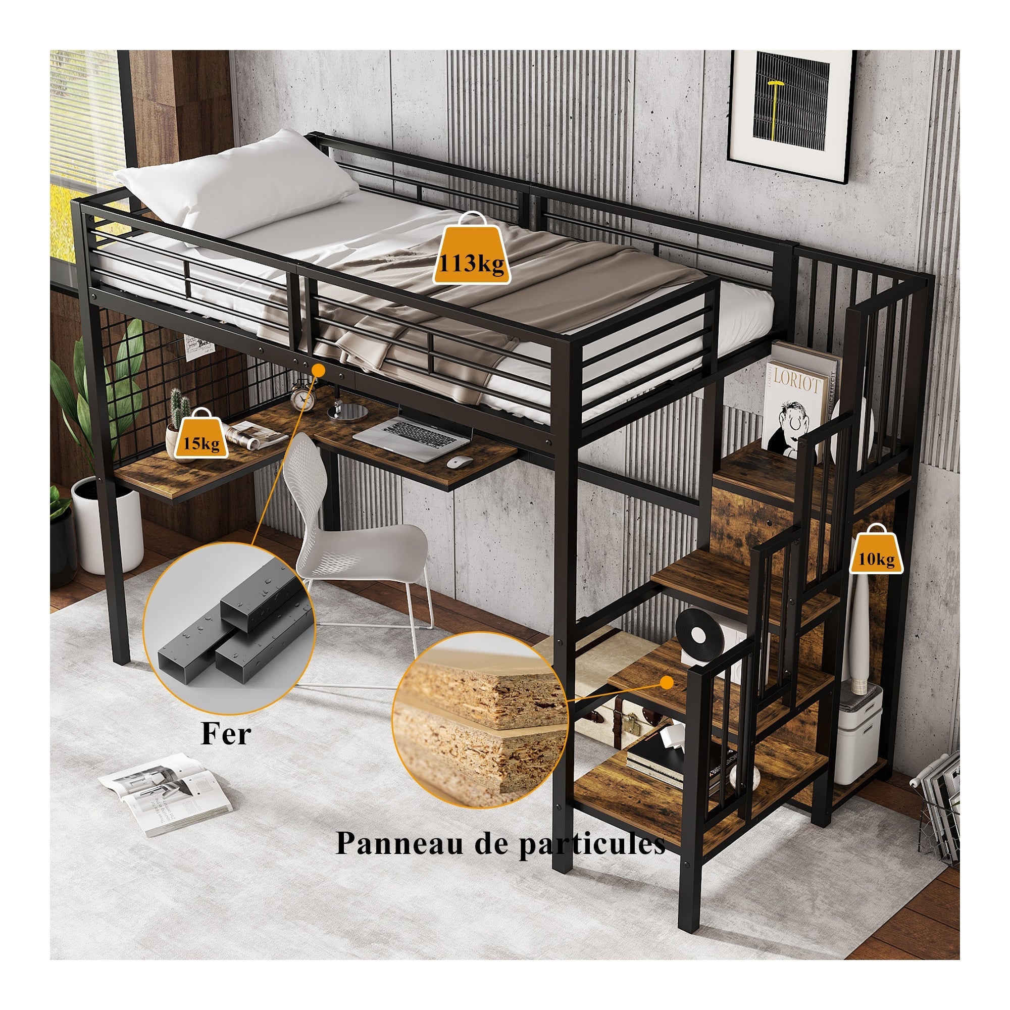 Iron Bunk Bed, Loft Bed with Table & Wardrobe, 90x200cm, Black Iron & Dark Wood