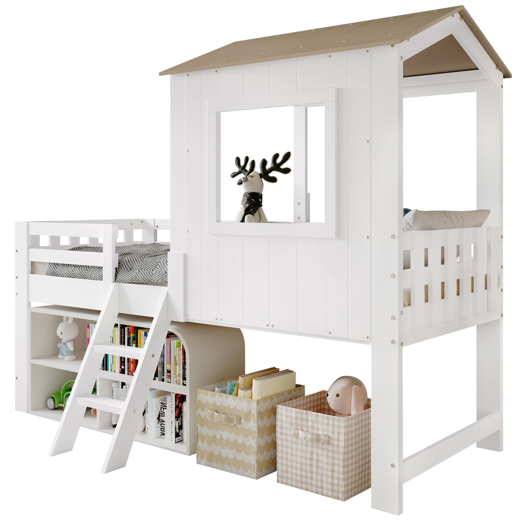 Children's Bed, Half-Height House Bed with Roof, Window & Stairs, White & Natural Wood