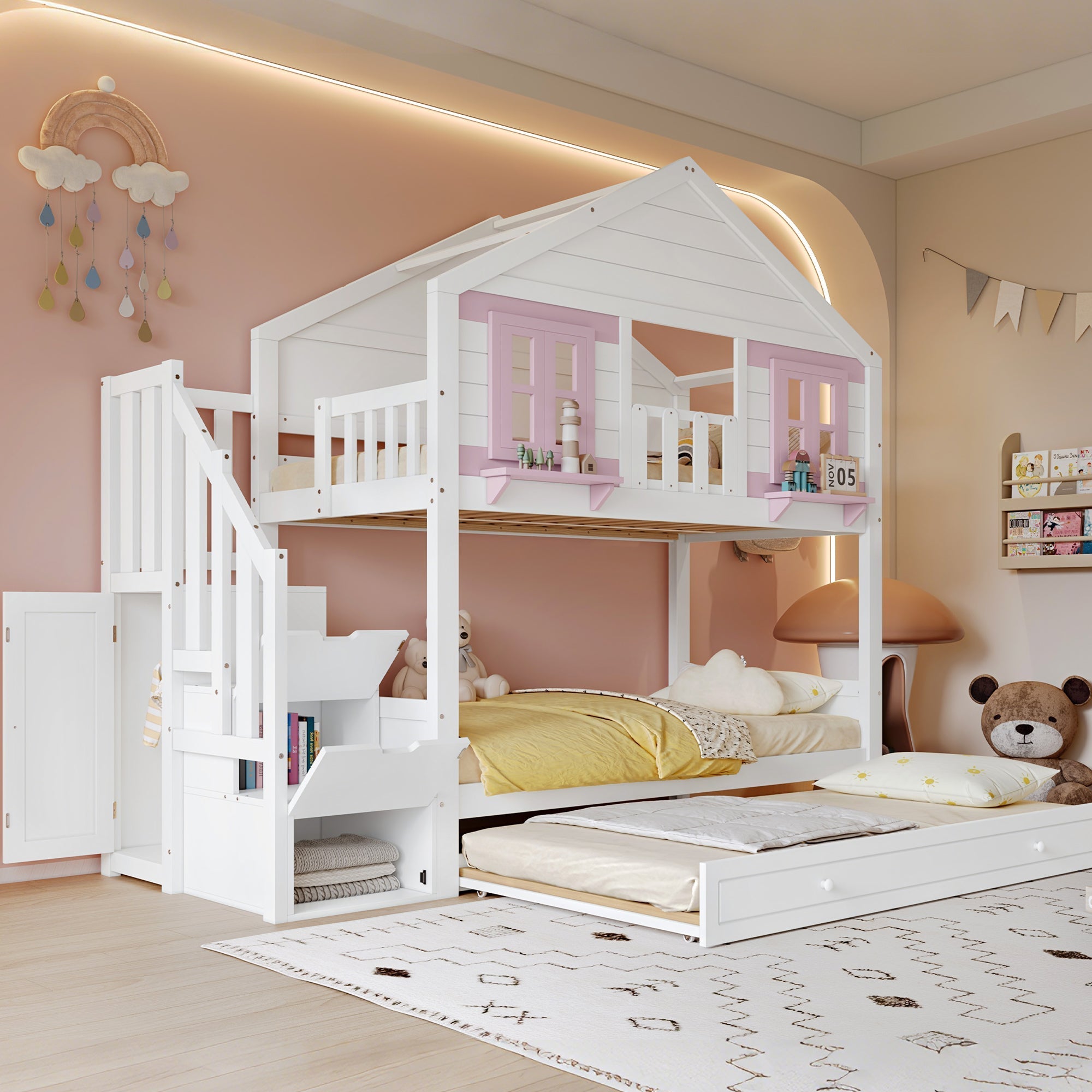 Bunk Bed 90x200cm Trundle Clothes Hanging House Design - White/Pink