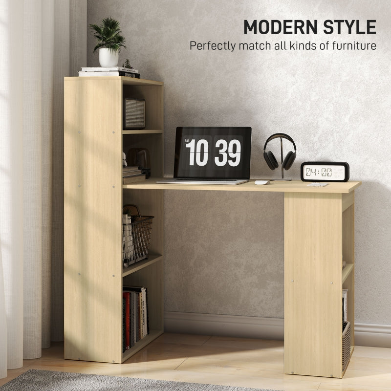 120cm Computer Desk with 6-Tier Storage Bookshelves, Natural Wood