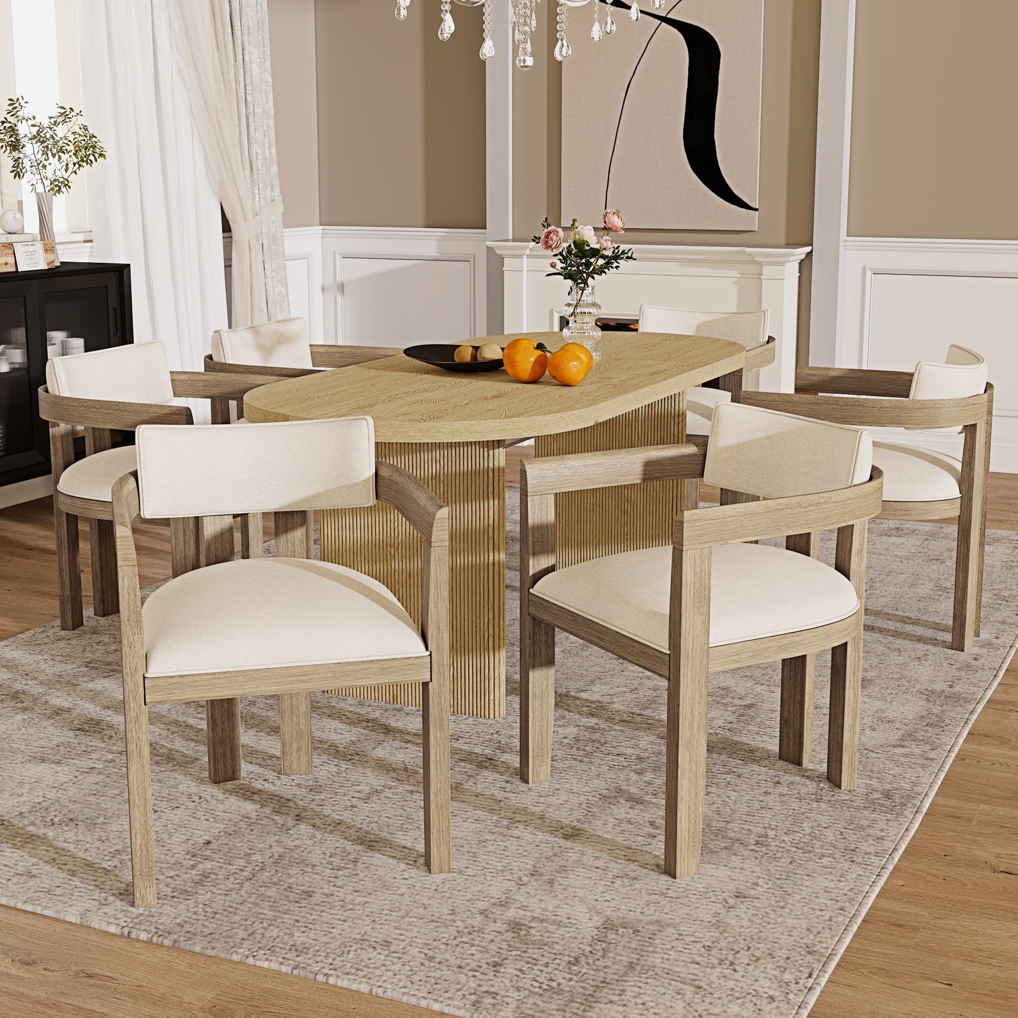 4 Solid Wood Dining Chairs Modern Style Linen Fabric Natural Color