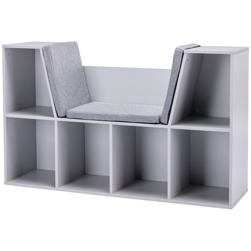 Children's Shelf Bookcase, Stool Bench 6 Compartments Toy Box, Grey