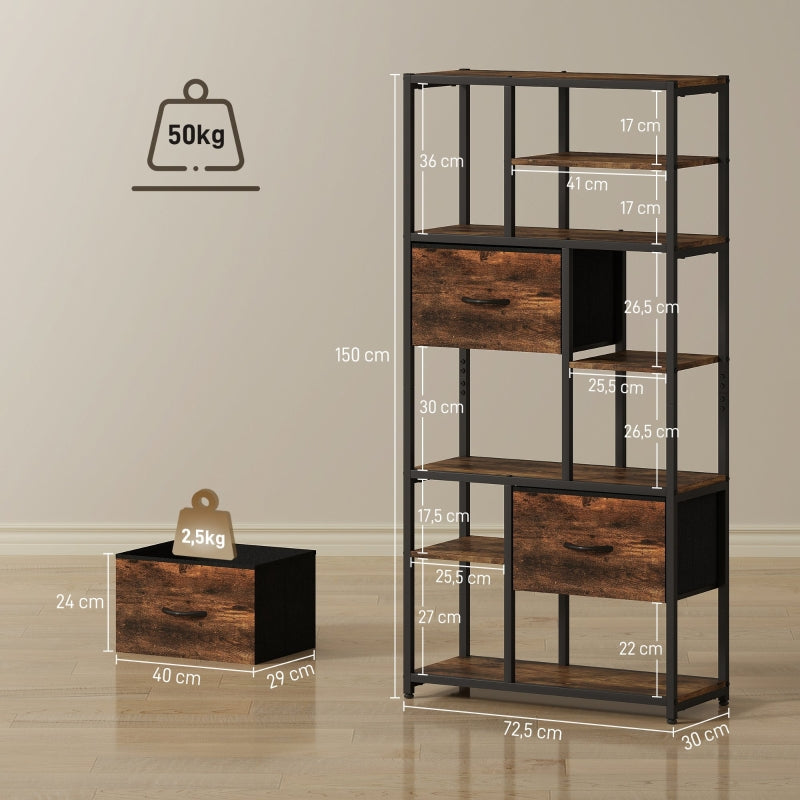 Storage Shelf 9 Open Compartments 2 Drawers Steel Frame - Brown/Black