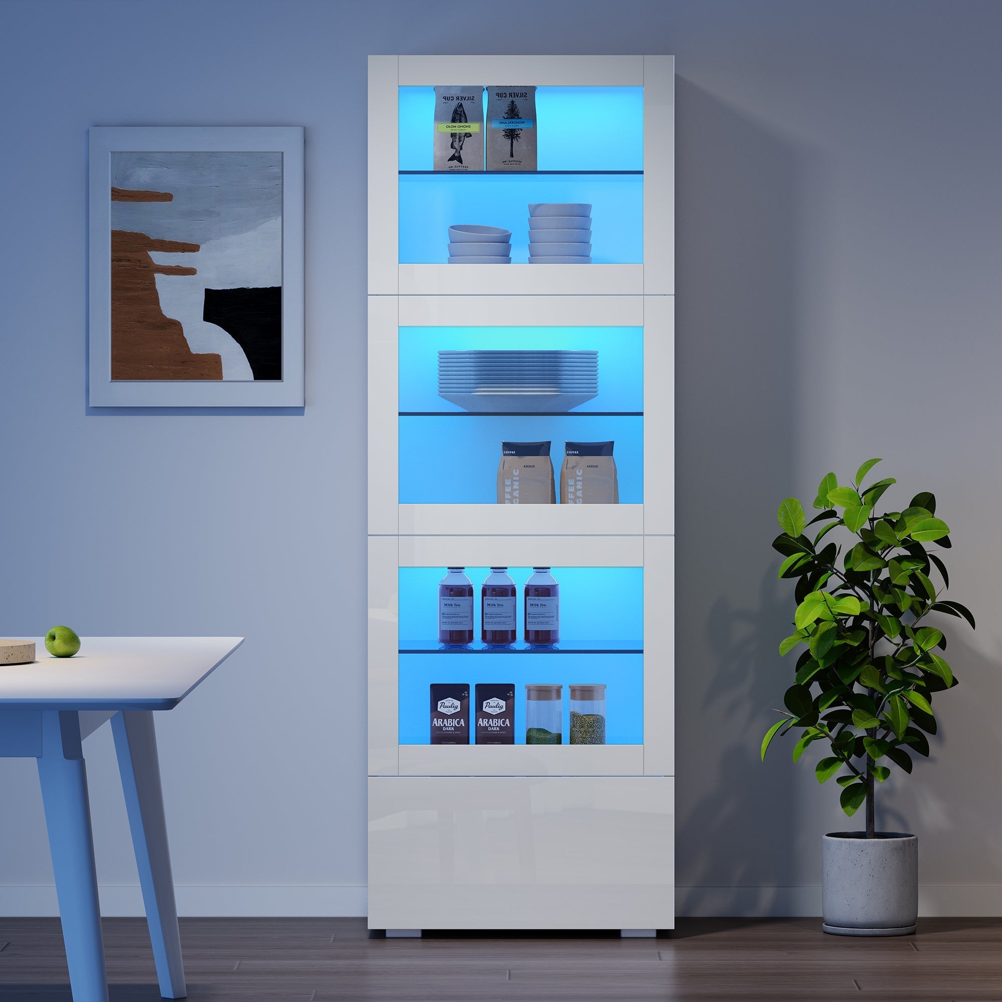 Display Cabinet High-Gloss LED Lighting 3 Glass Shelves, White