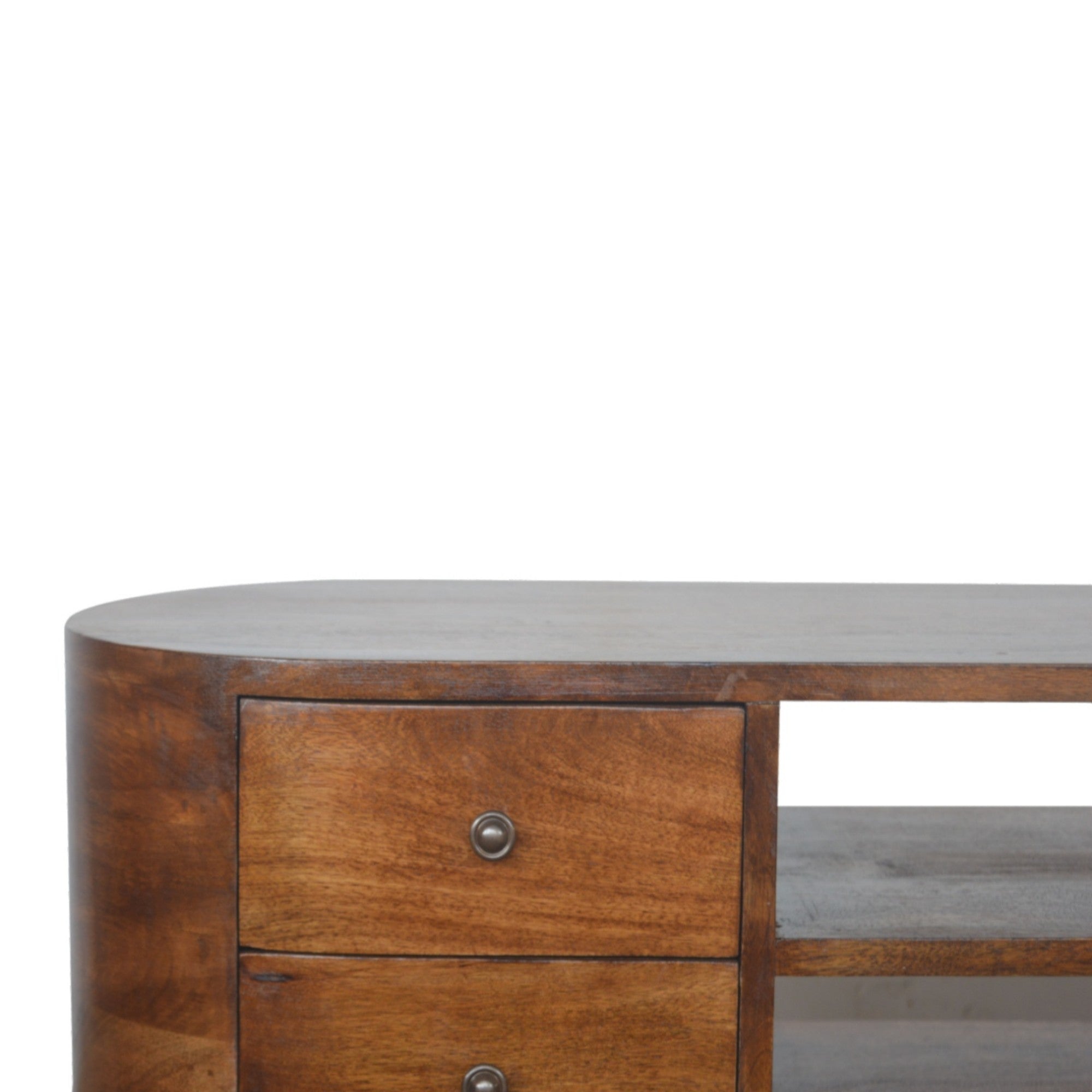 Solid Wood Entertainment Unit, Rounded 4 Drawers 2 Open Slots, Dark Brown Chestnut