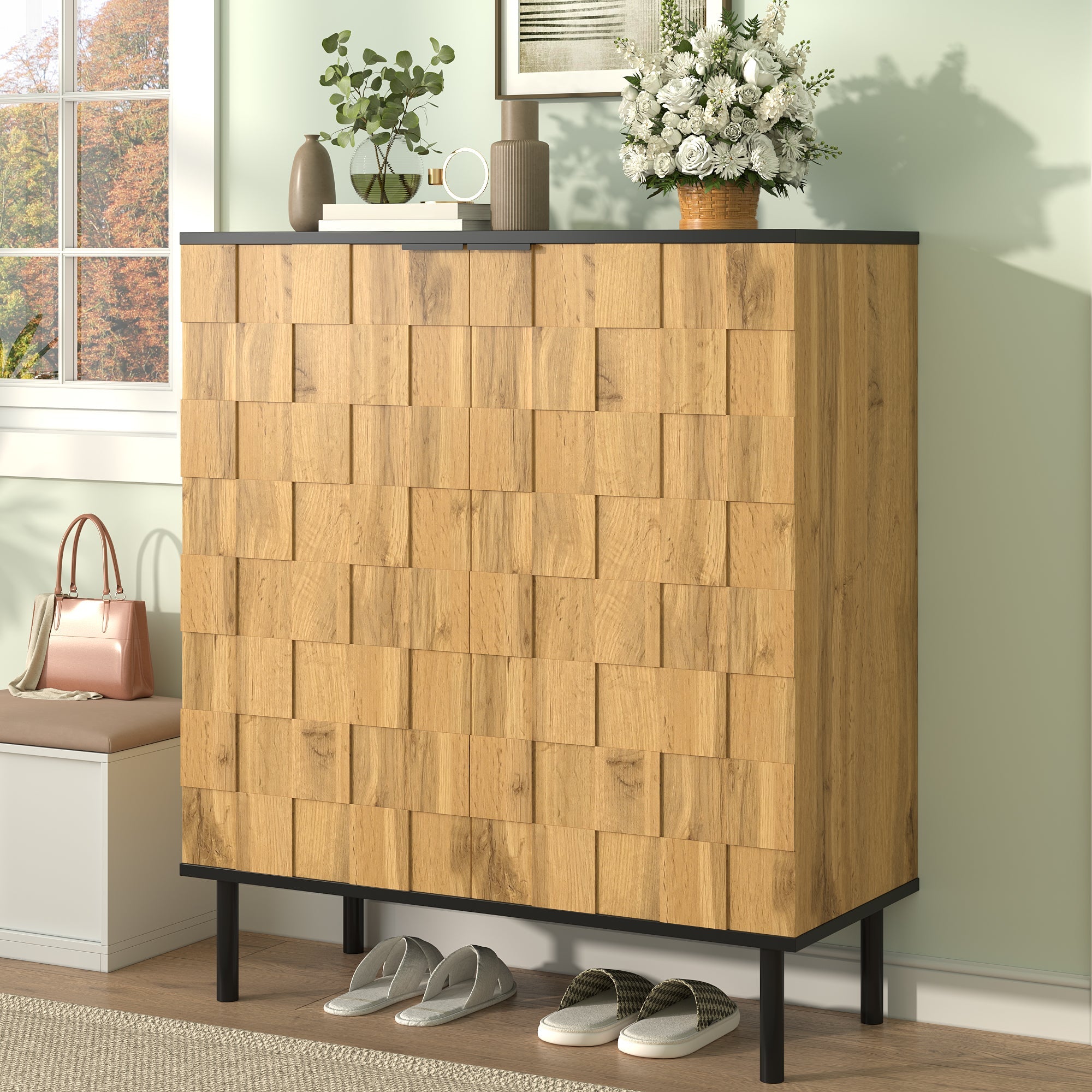 Mosaic Shoe Cabinet with 2 Doors and Adjustable Compartments, Wood Look Chipboard