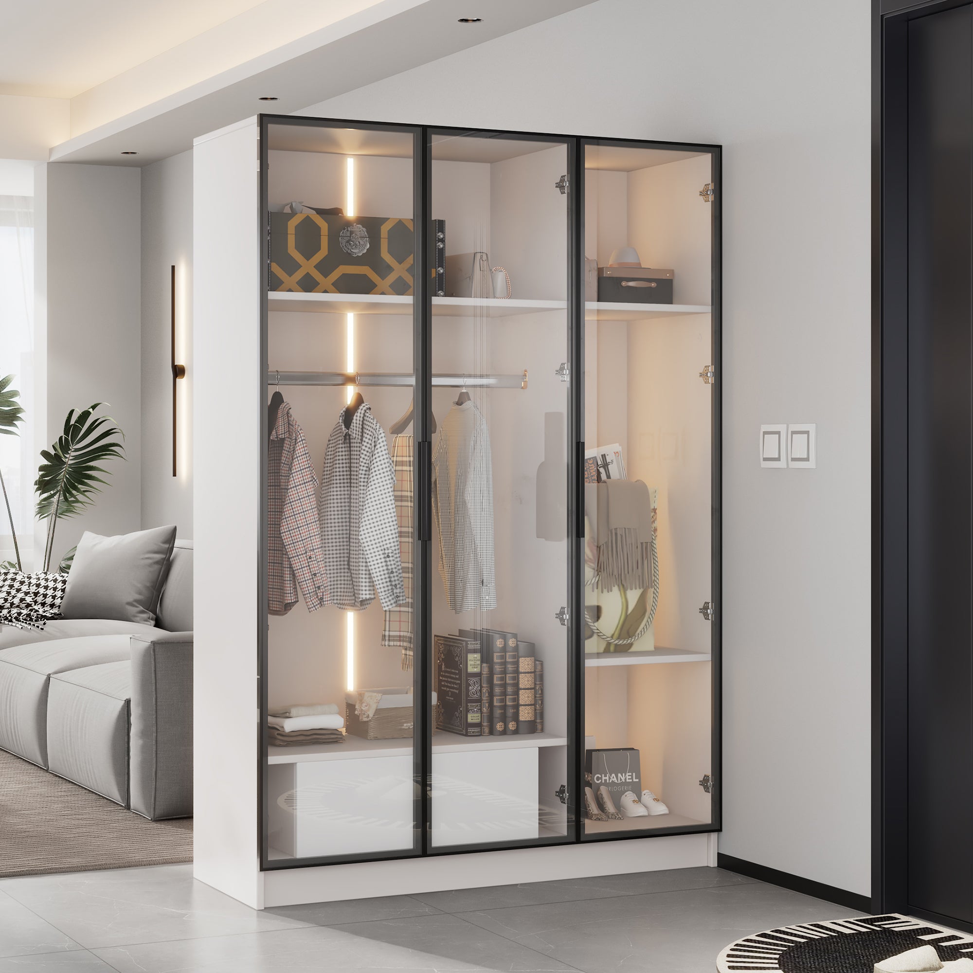Wardrobe, 3 Glass Doors, 1 Drawer, 1 Clothes Rail, 110x50x160 cm, White with LED Light