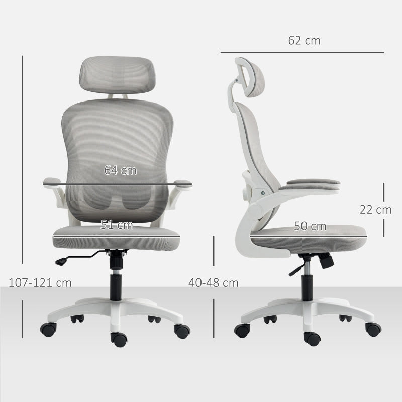 Ergonomic Office Chair Mesh Back Adjustable Height Foldable Arms Rocking - Grey