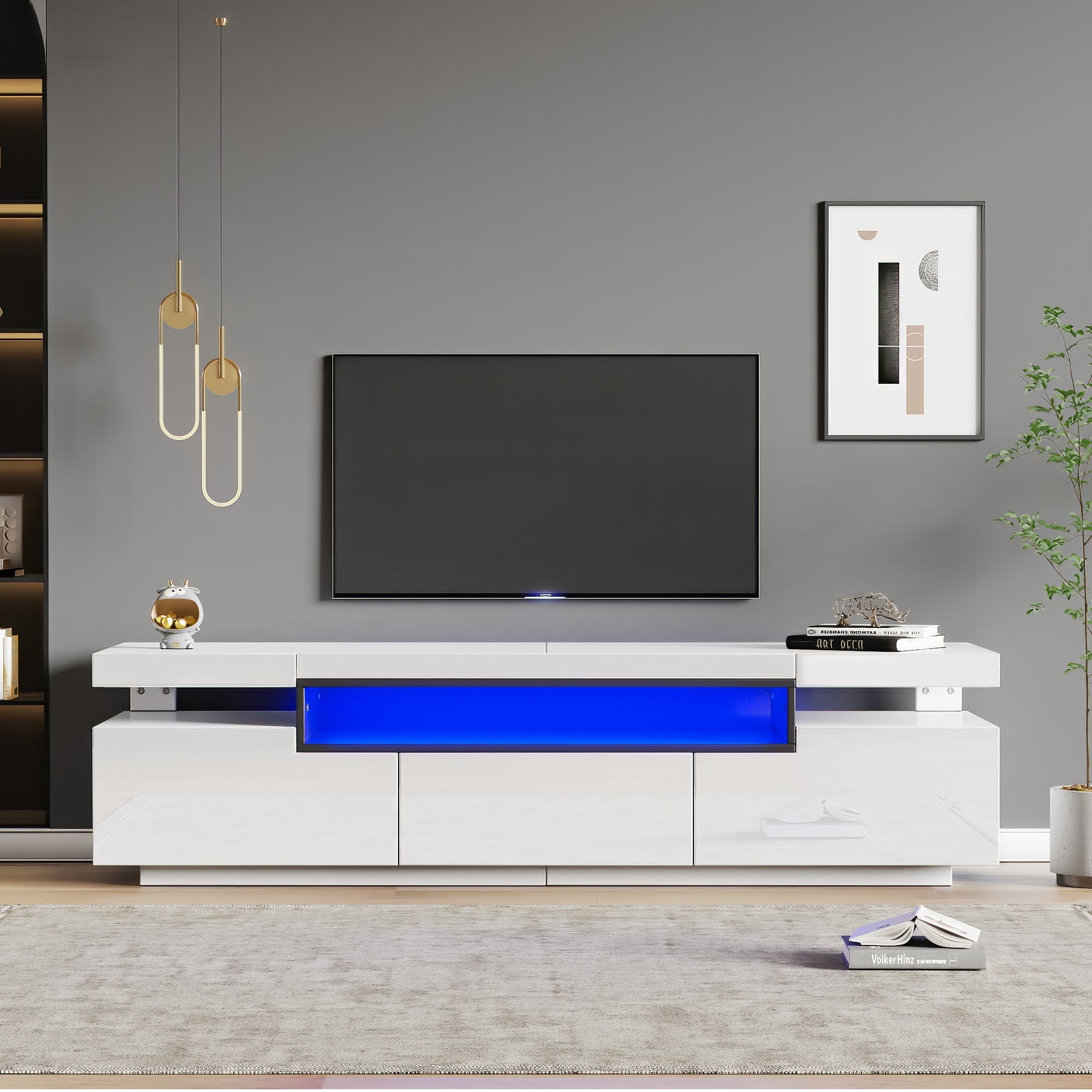 TV Stand Cabinet, High Gloss with LED Lights, 160CM, 3 Drawers, 3 Open Storage, White