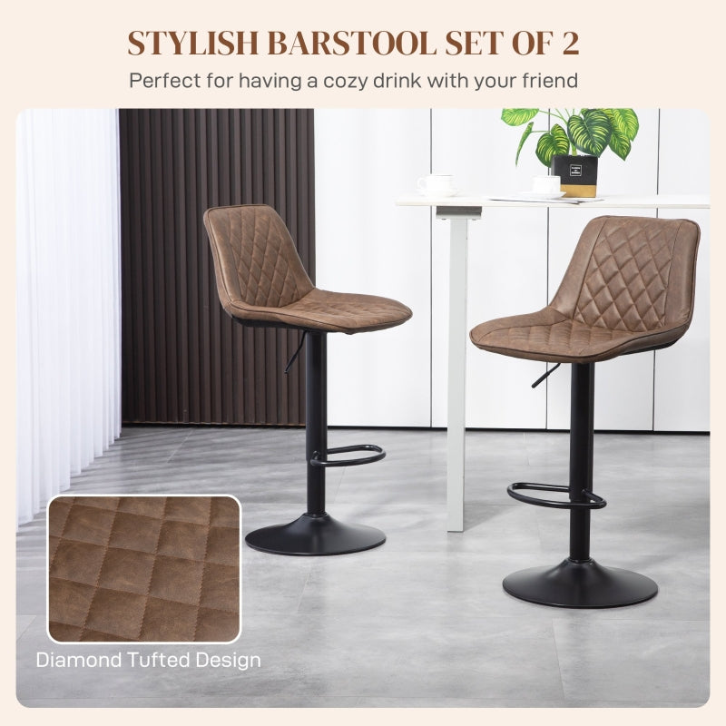 Bar Stools Set of 2, Adjustable Swivel with Back, Brown PU Leather
