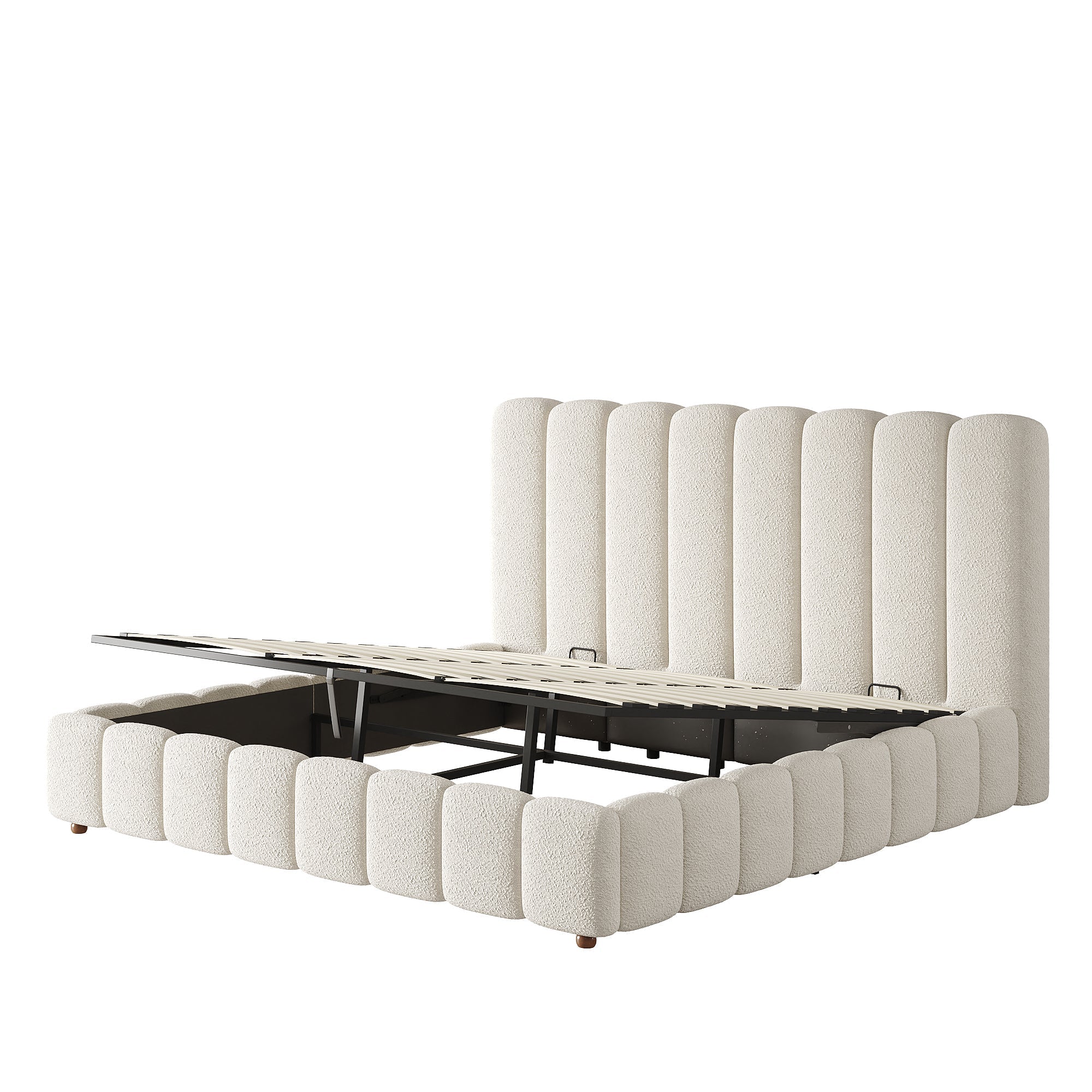 Upholstered Double Bed with Hydraulic Storage and Slatted Frame, 200x200cm, White Bouclé