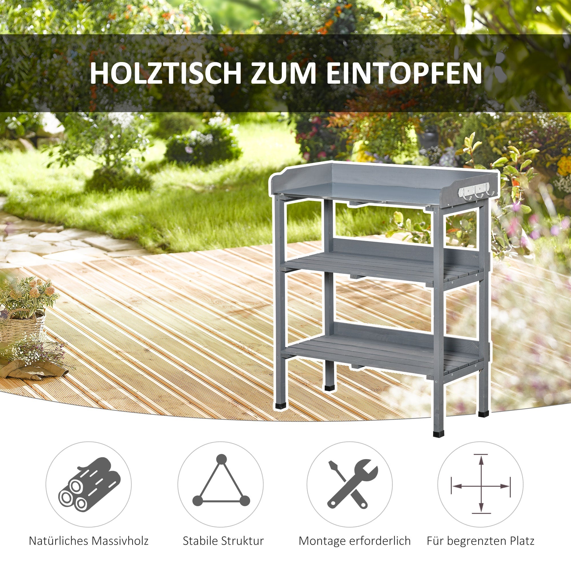 Planting Table Metal Work Surface 76x37x89cm for Garden/Balcony Wood