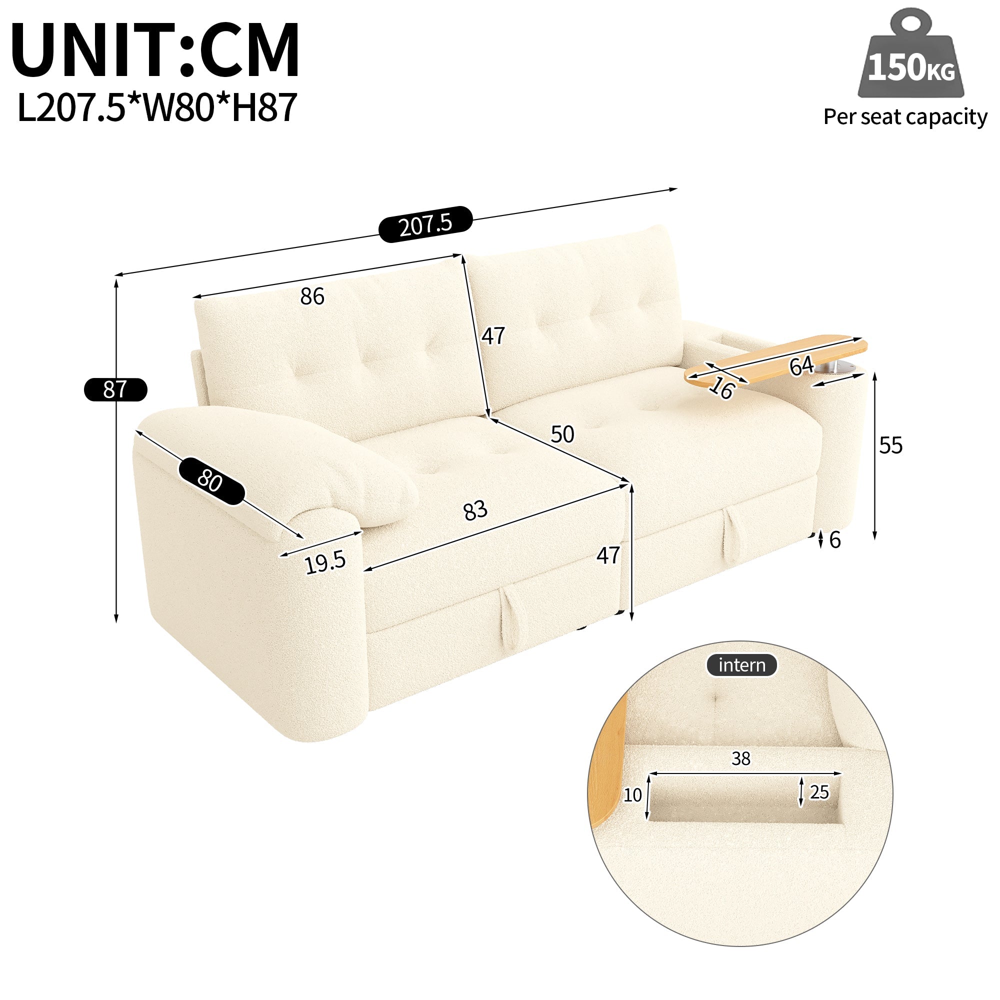 Teddy Plush Sofa, 3-Seater Modular Sofa Bed with Storage and Side Table, Beige