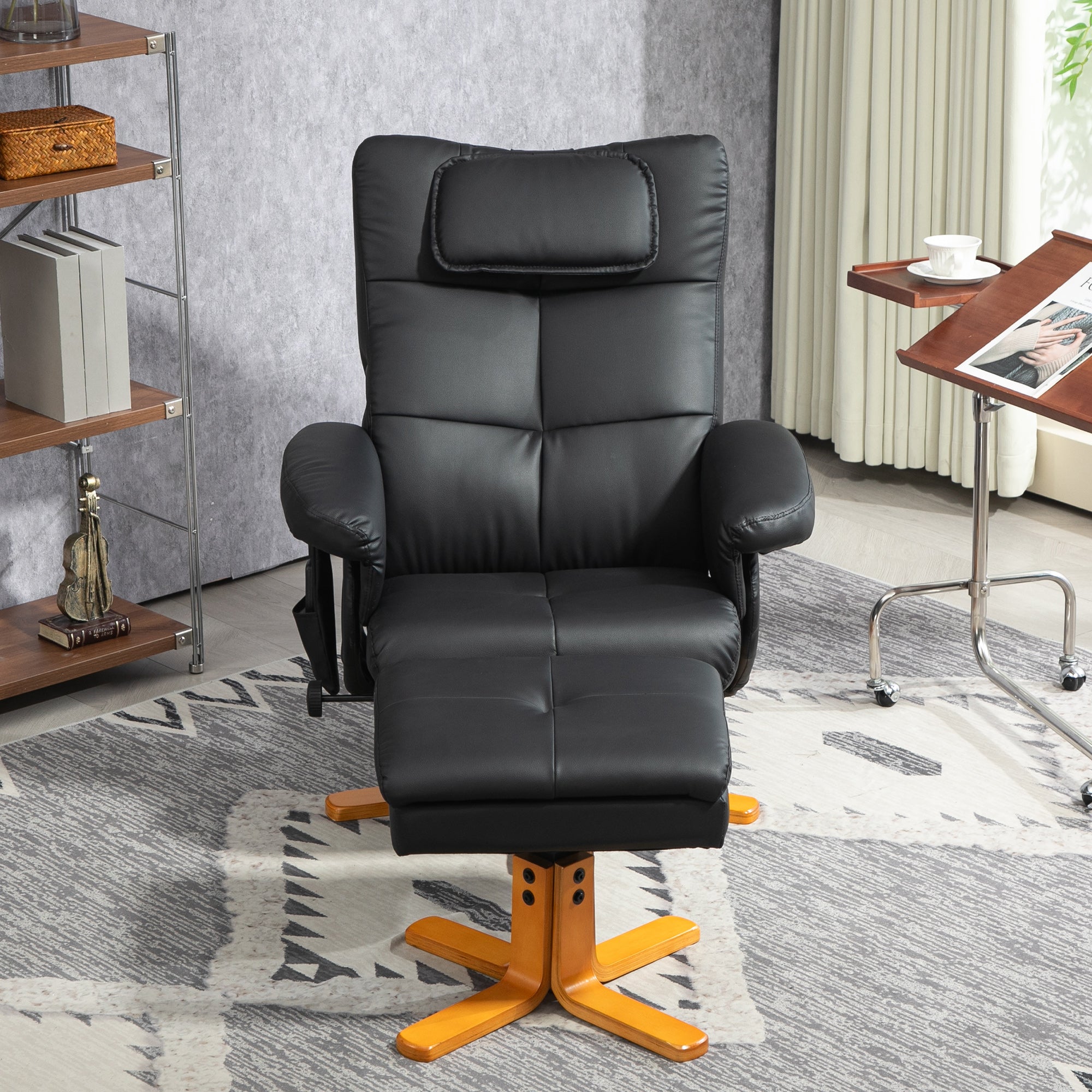 Reclining Massage Armchair with Footstool, Storage, Side Pocket - Faux Leather Black