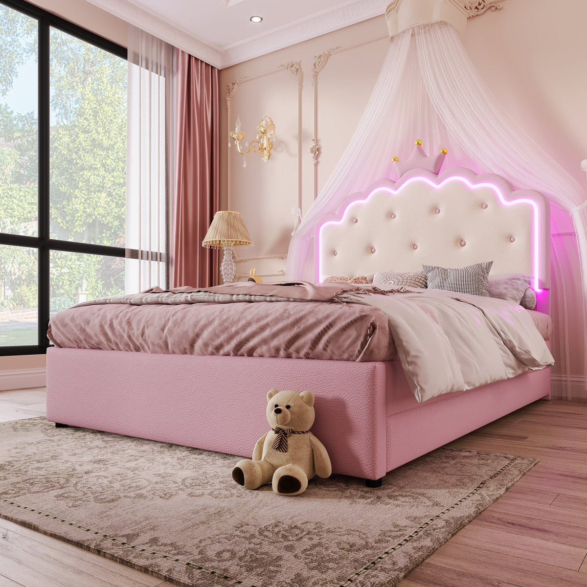Upholstered Bed 140x200cm Pull-out 2 Drawers Ambient LED Princess Design - Pink PU