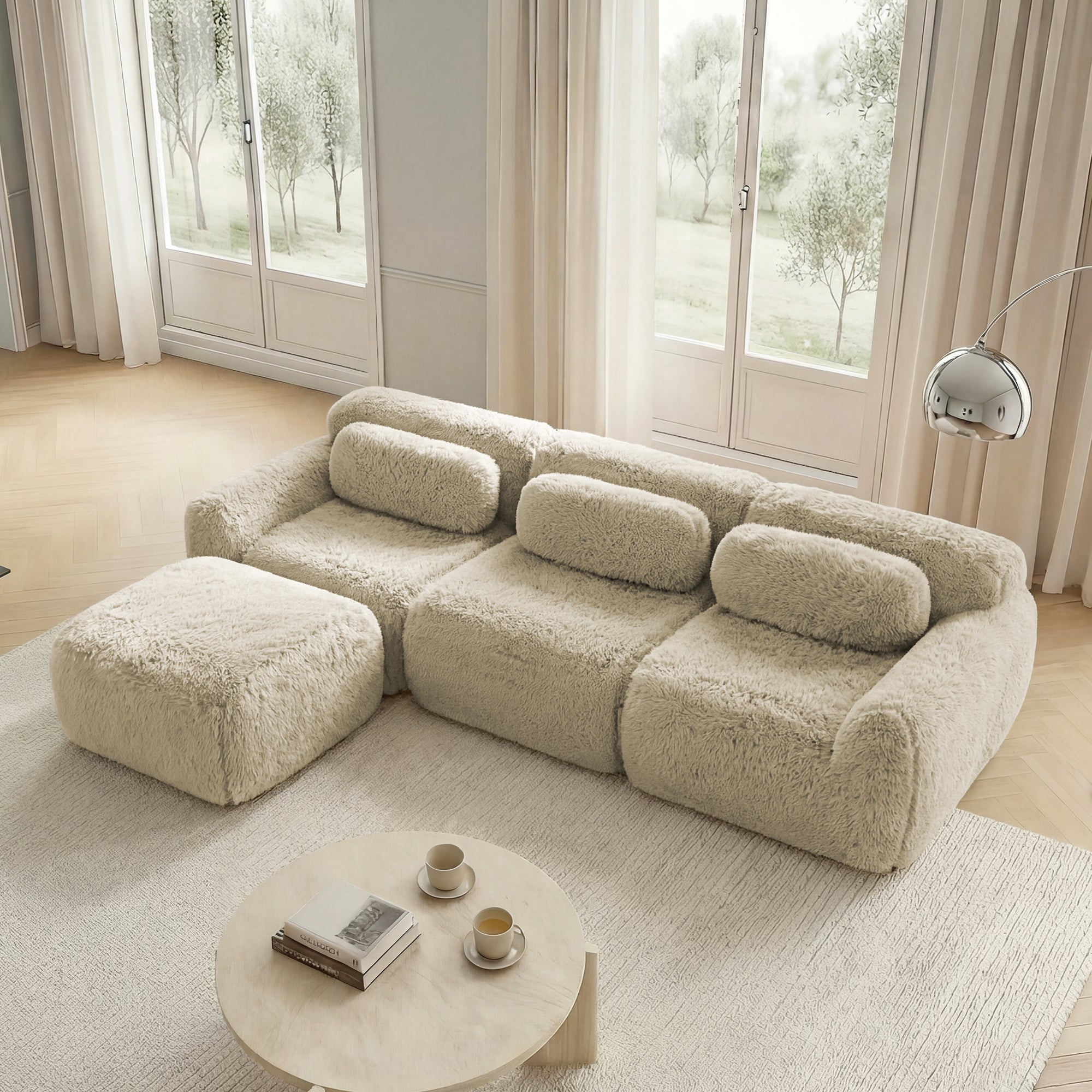 L-shaped Modular Sofa Plush Fabric Deep Frameless - Light Khaki