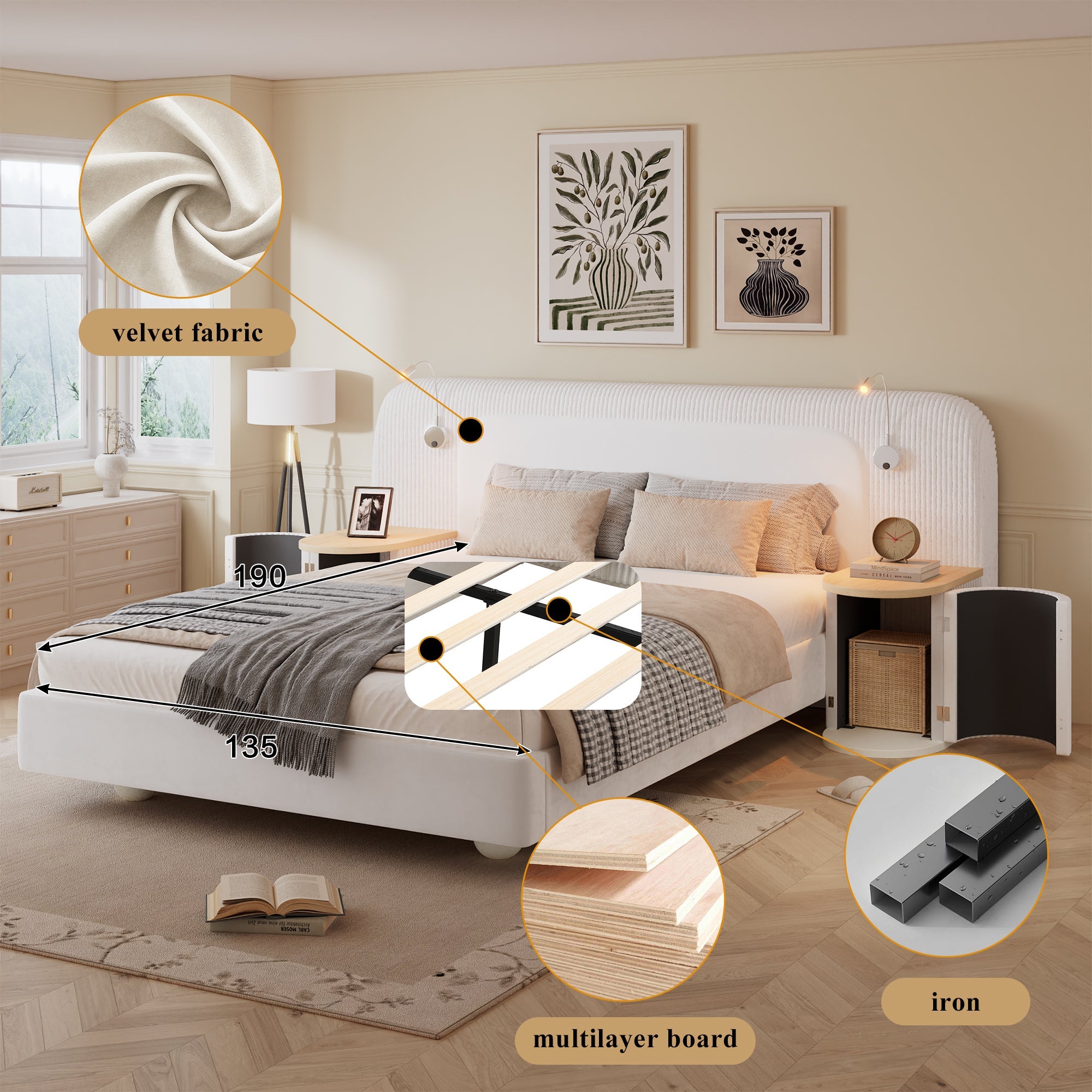 Upholstered Bed 4ft6 Double with Bedside Light and Table, Beige Velvet