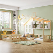 Children's Bed with Window, Shelves and LED Light Strip, Wood Color