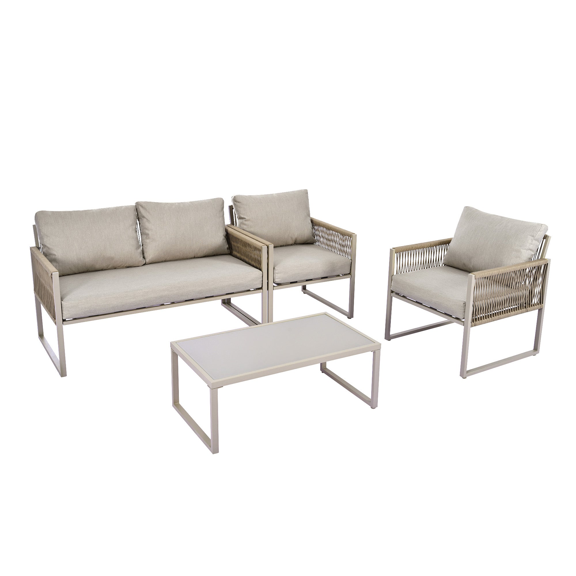 Outdoor Patio & Backyard Furniture Lounge Set for 4, Space Saving Sofa with Glass Coffee Table, Khaki