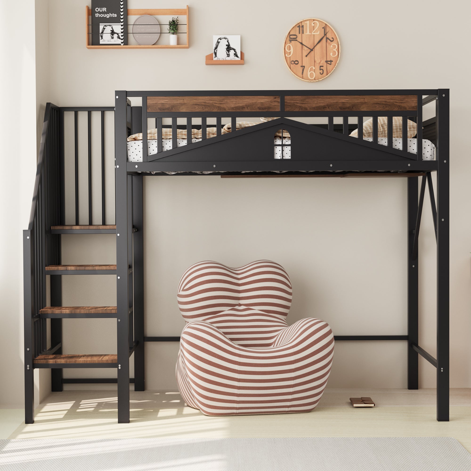 Metal Loft Bed 90x200cm Safety Railing Ladder Under-Bed Space, Black