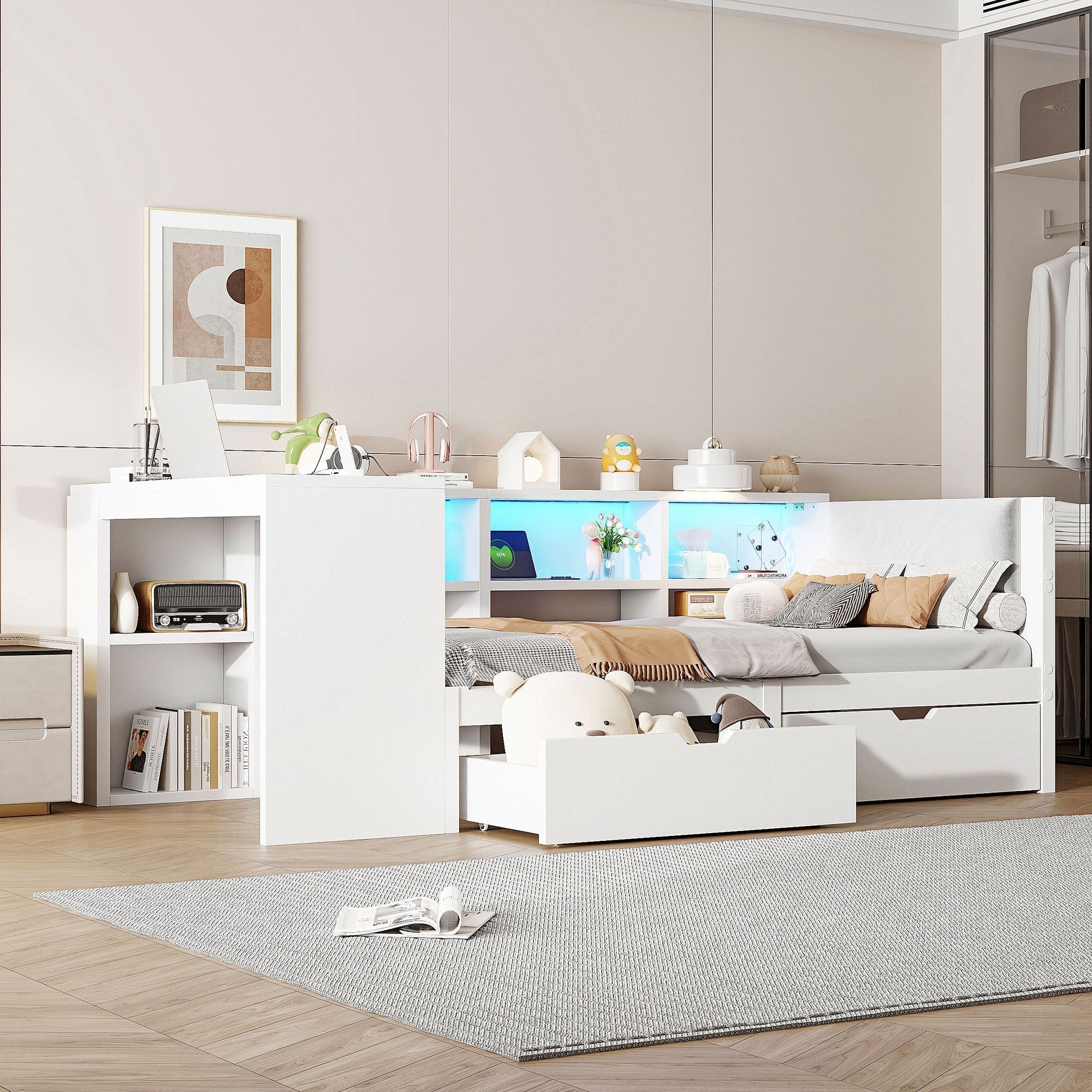 Platform Bed 90x200 Storage Drawers Shelves Upholstered Headboard LED - White