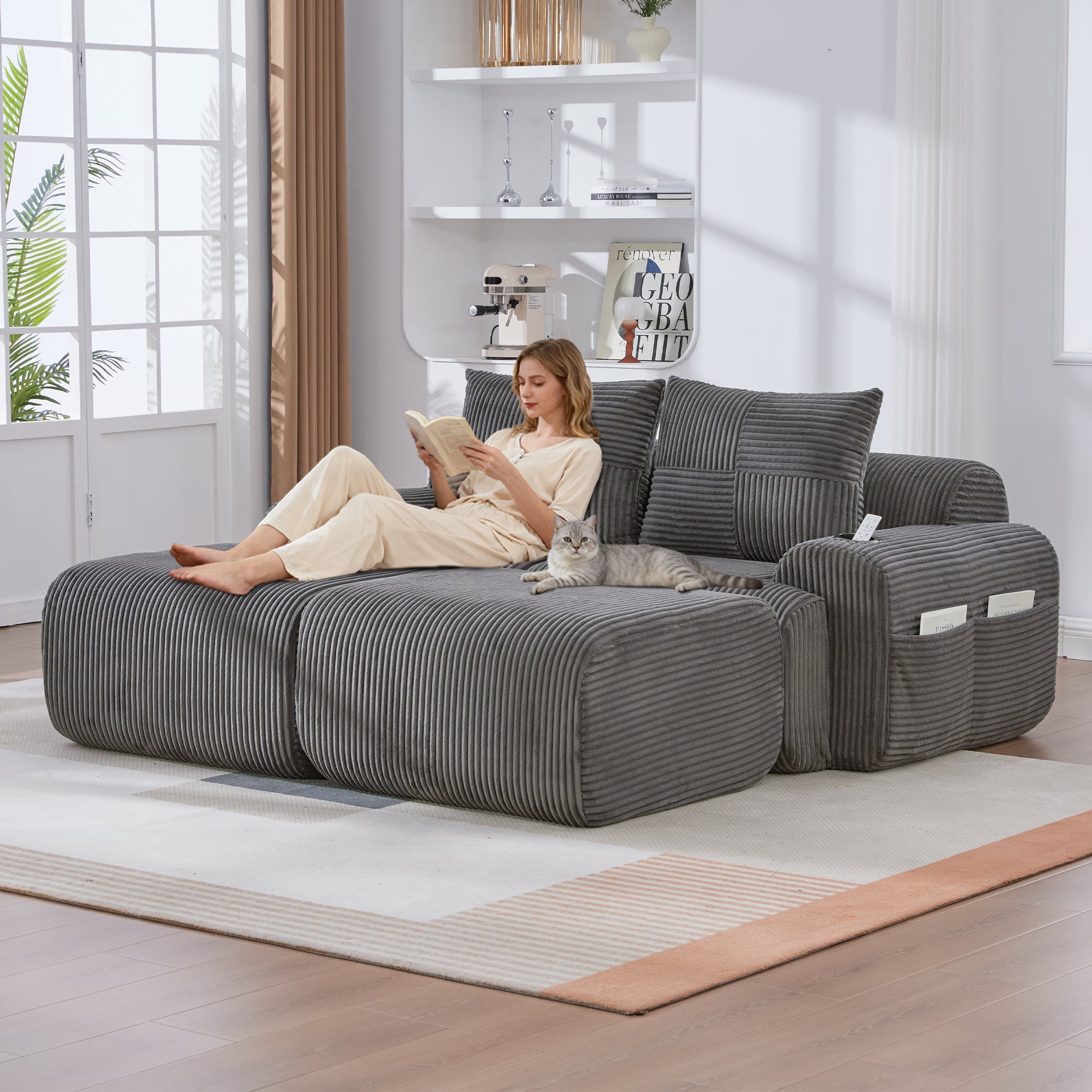 Modular 2-Seater Corduroy Sofa with Ottomans, Cup Holders and Storage Pocket, Dark Grey