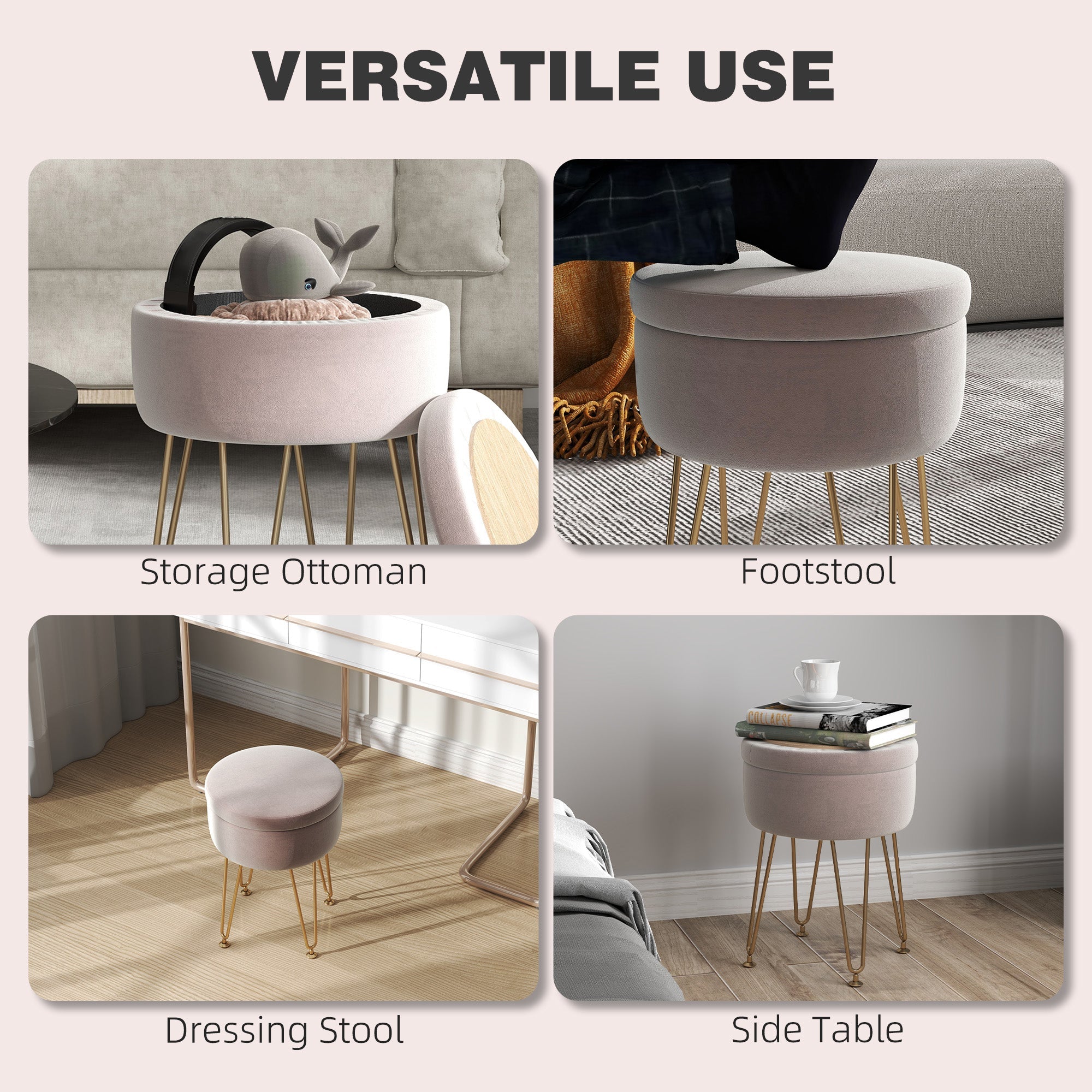 Storage Ottoman 5L Padded Top Light Pink Velvet-Feel