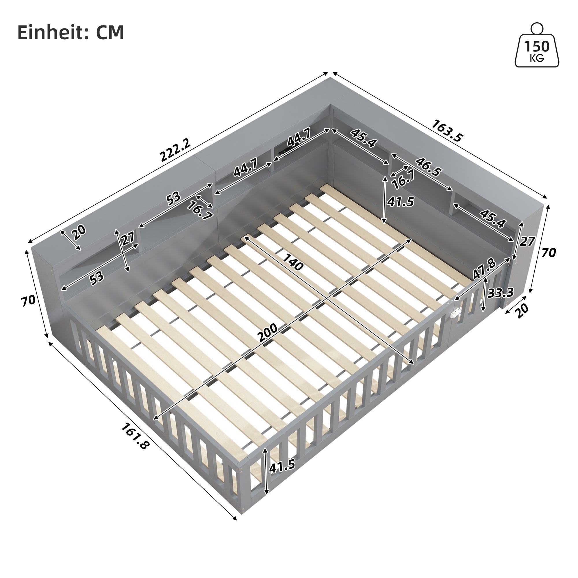 Daybed with Storage and USB Charging Port, 140x200cm, Grey Chipboard