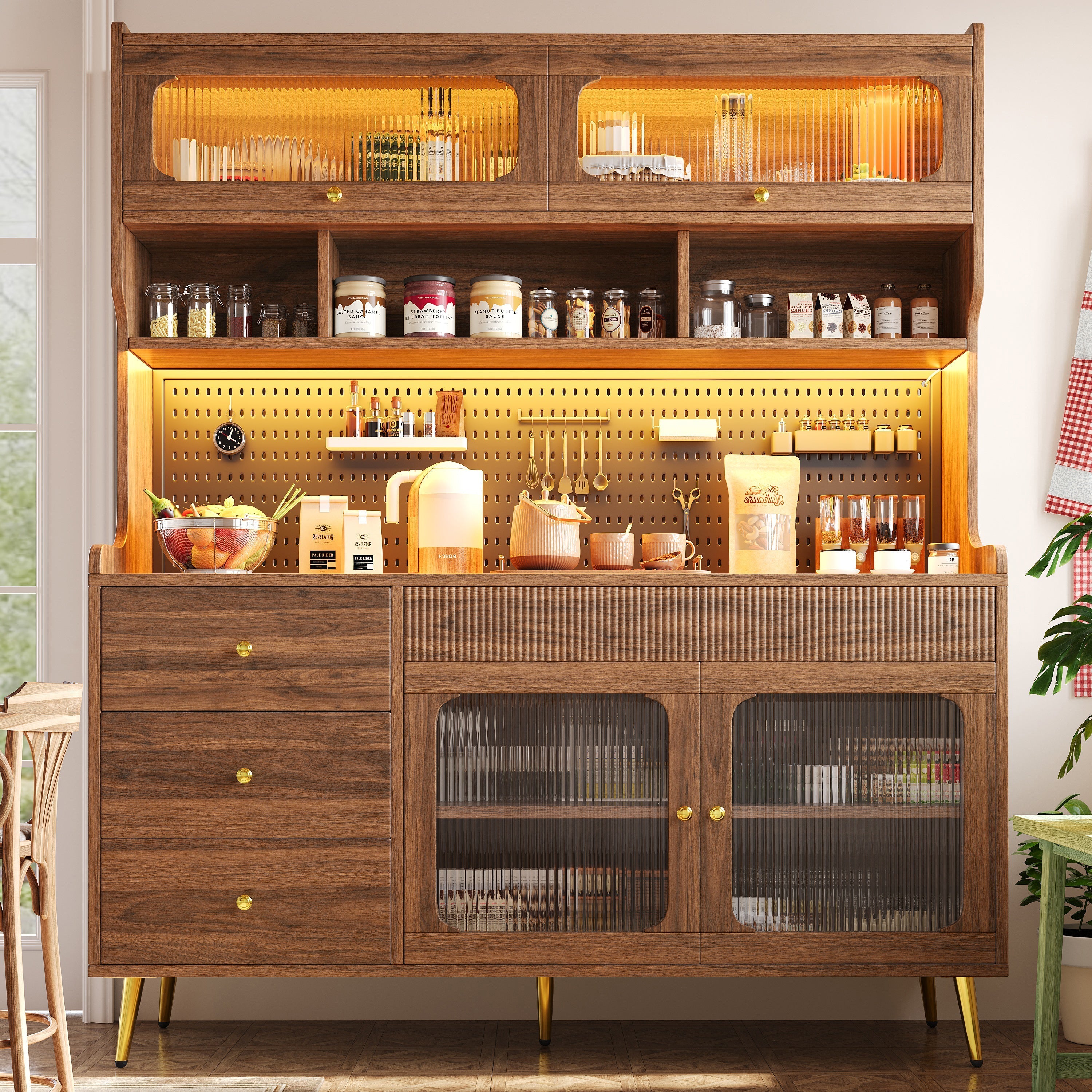 Modern Tall Sideboard 145x171cm with LED Lighting, App Control & Storage - Walnut