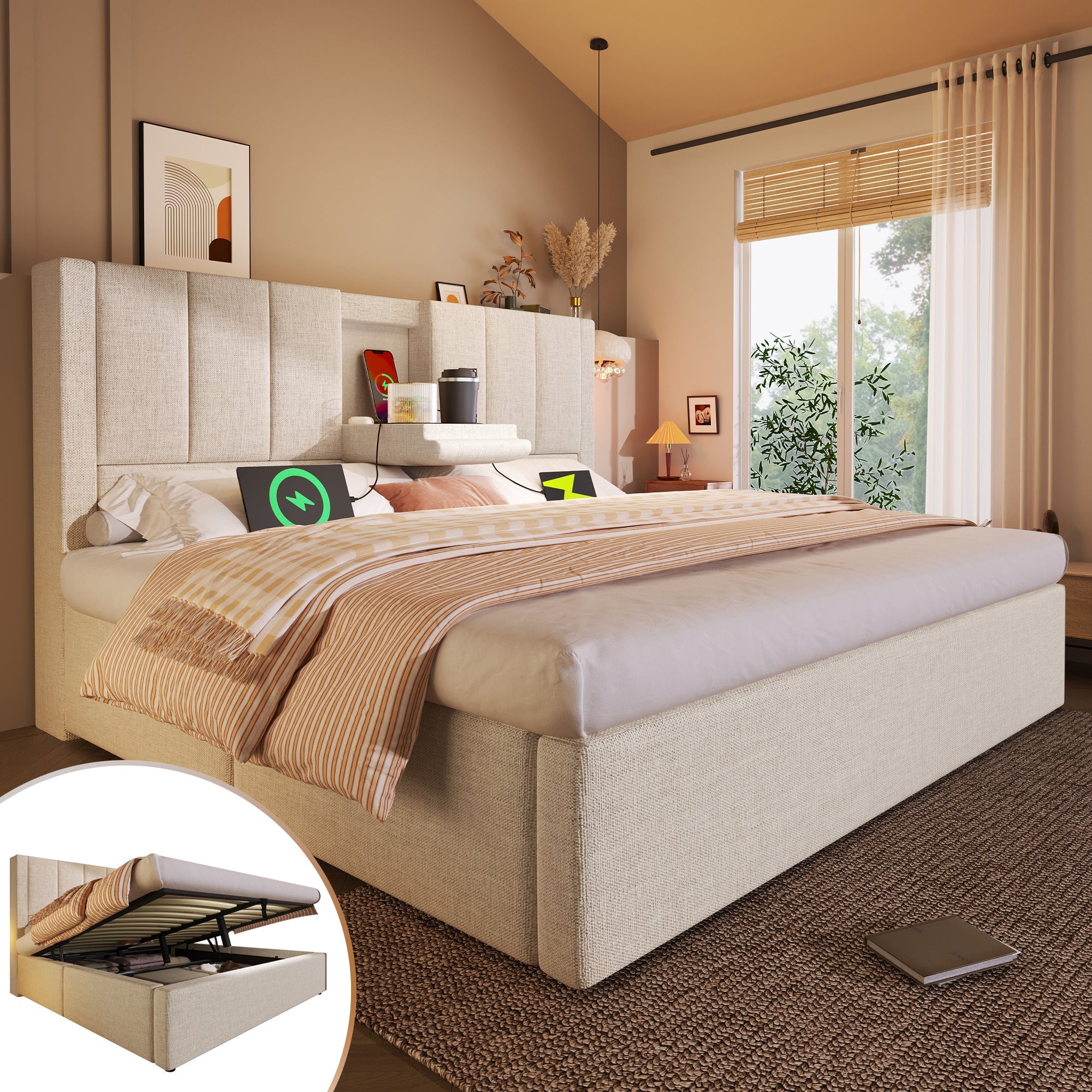 Upholstered Double Bed 140x200cm Hydraulic Storage Cup Holder Charging Station - Linen Beige