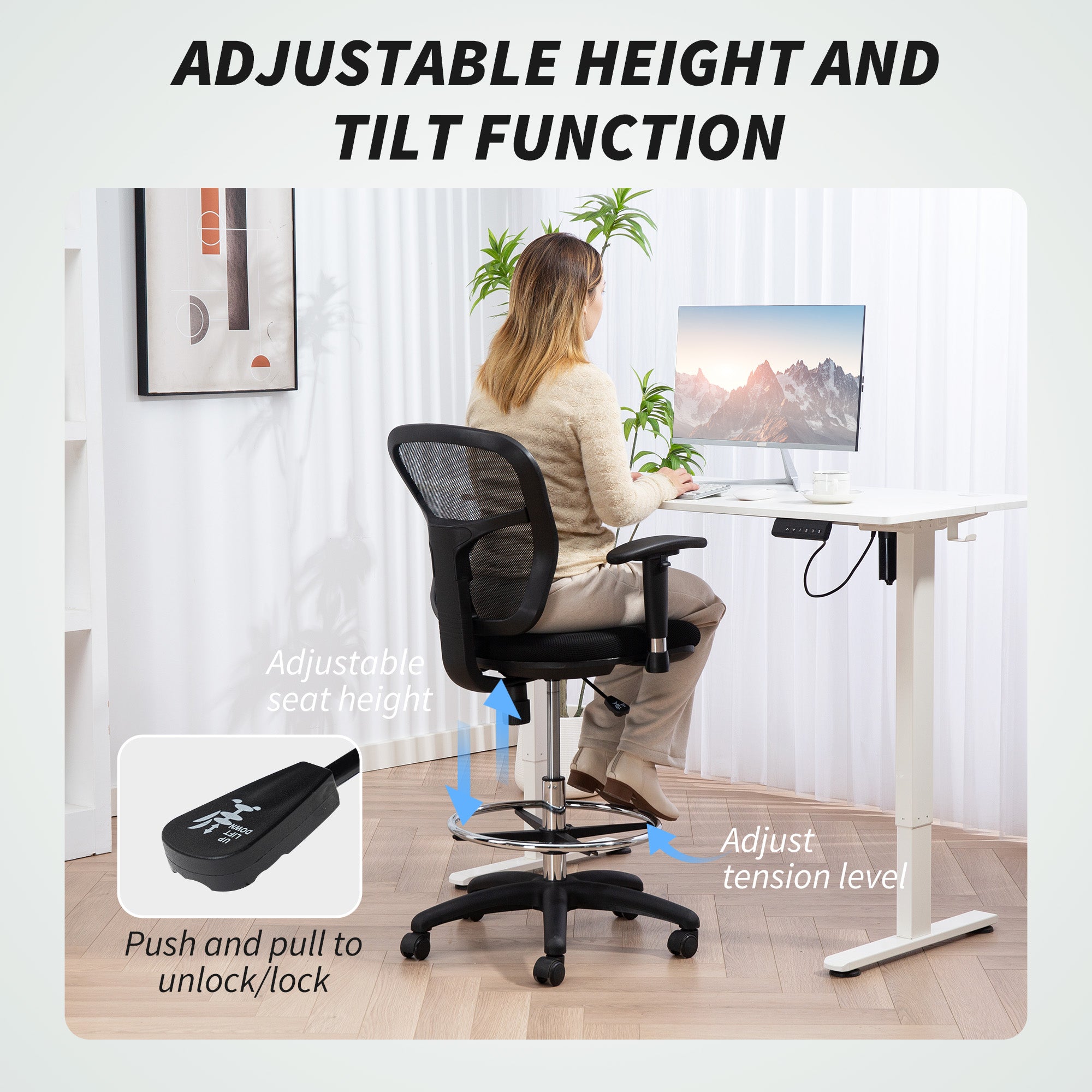 Drafting Chair Adjustable Armrests Ergonomic Mesh Black