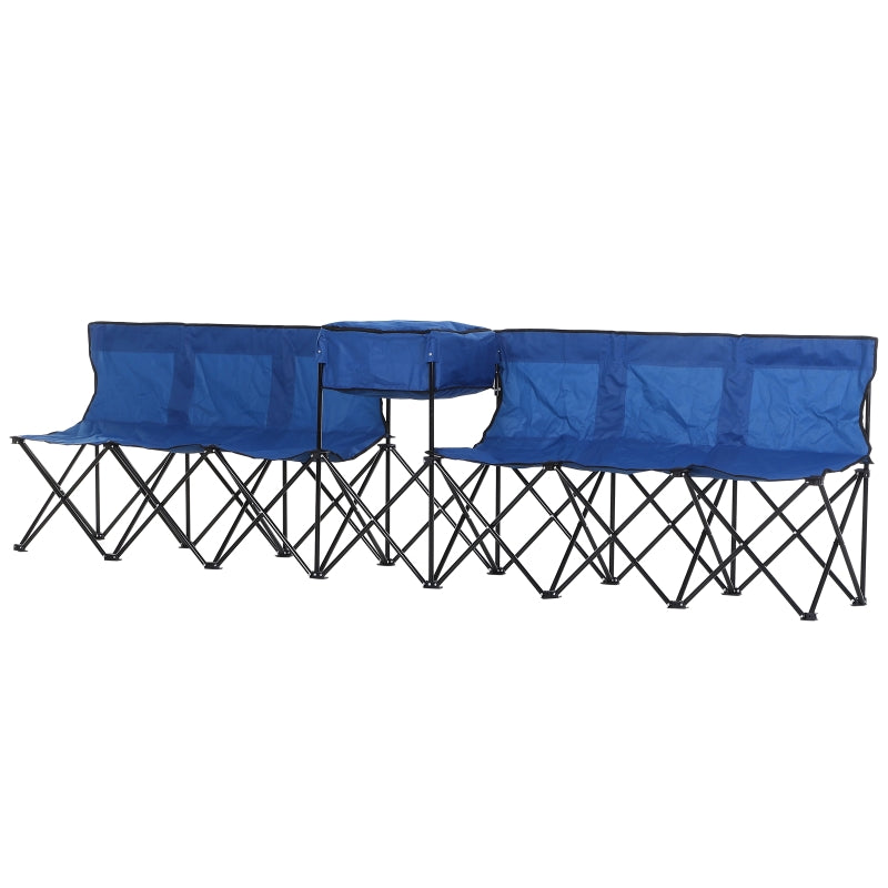 6 Seat Folding Sports Bench, Portable Team Chair with Cooler Bag, Steel/Blue