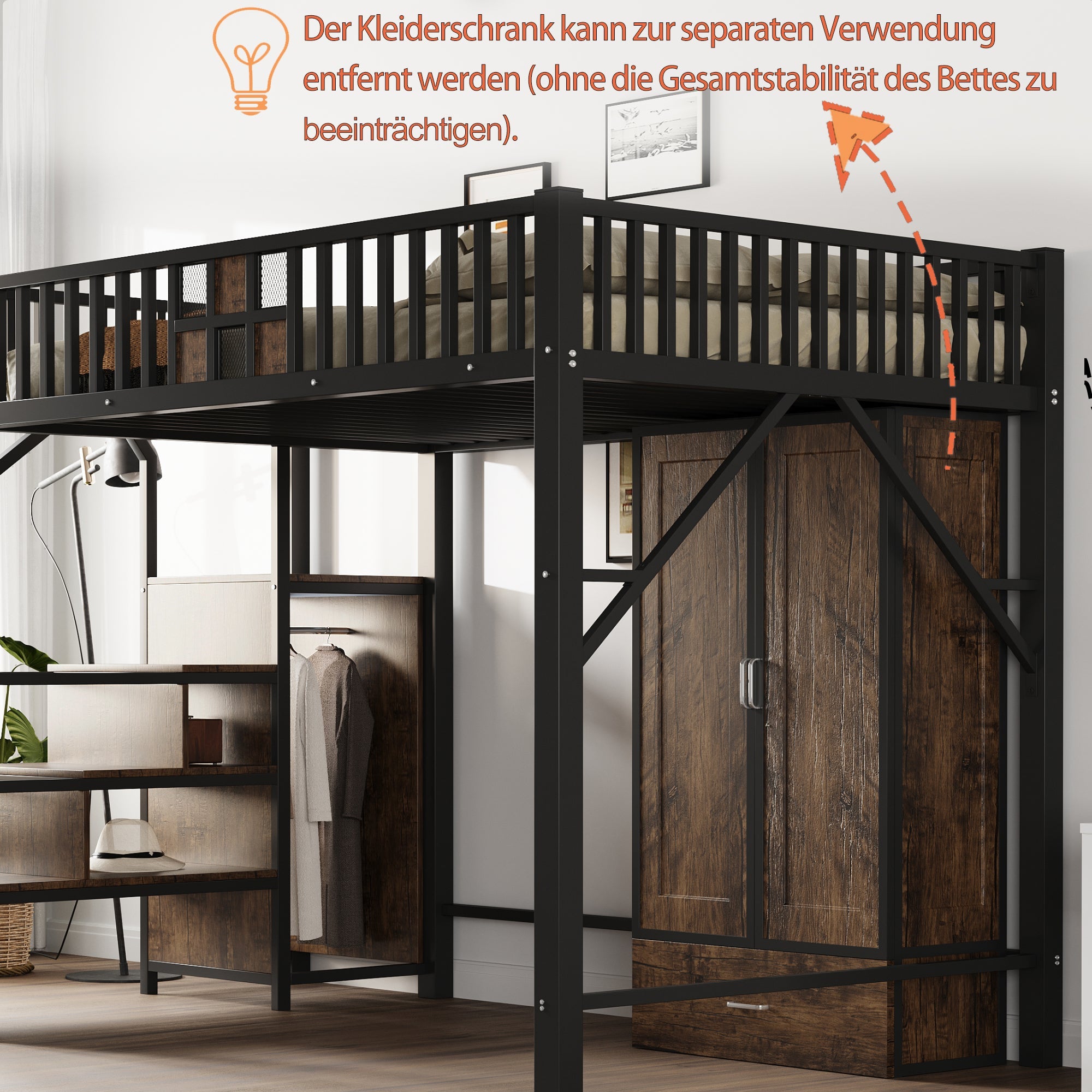 Metal Loft Bed 140x200cm, Wardrobe, Drawers & Storage Ladder, Black Wood & Metal