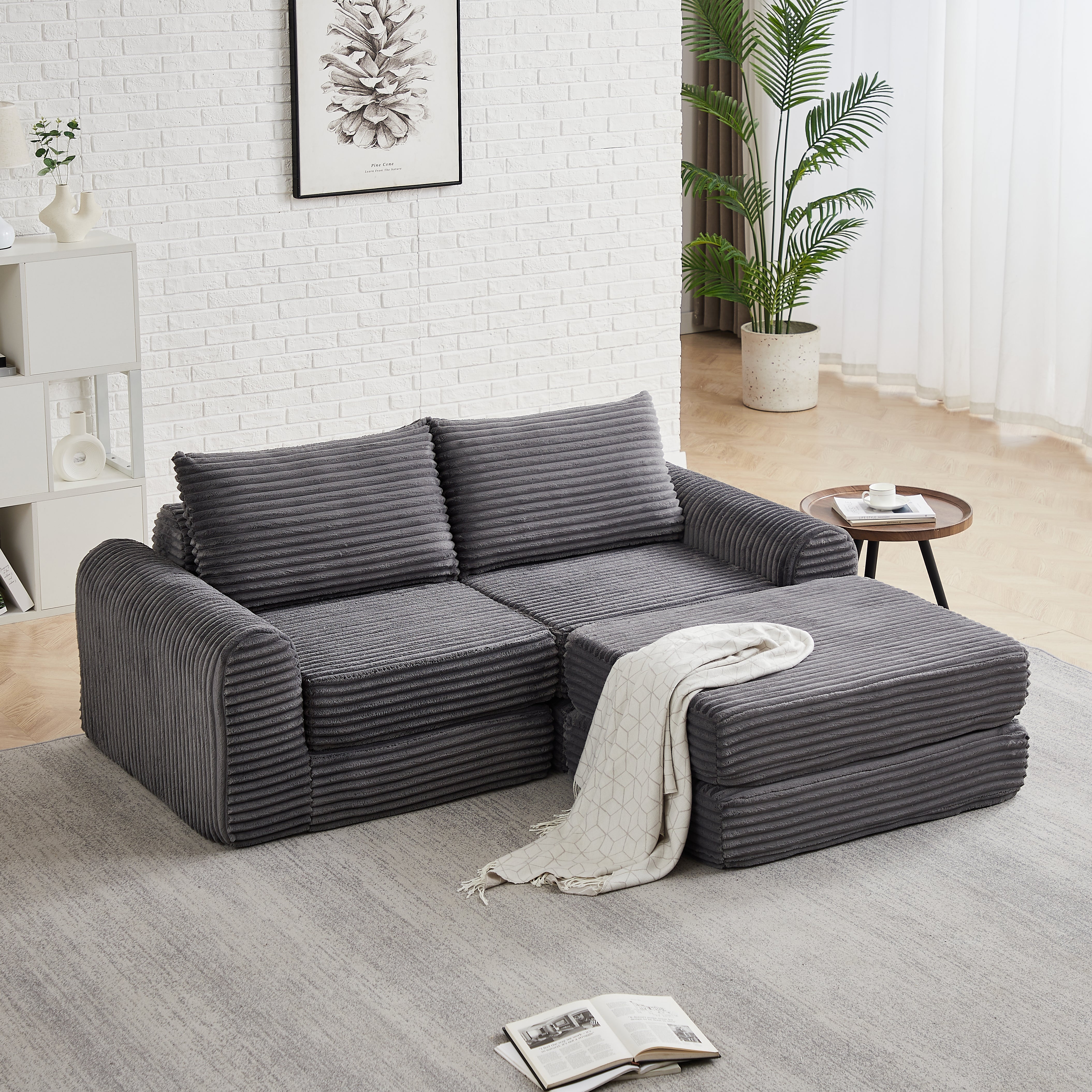 Corduroy 2-in-1 Sofa Bed with Two Pillows and Removable Footstool, Corduroy