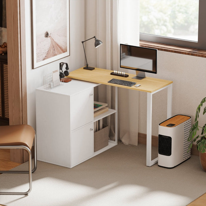 L-shaped Desk, 360° Rotating Corner with 2 Cabinets & 2 Shelves, White