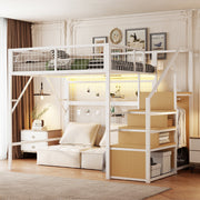 Loft Bed, 140x200 with LED Light Strips & Storage Stairs, Metal White