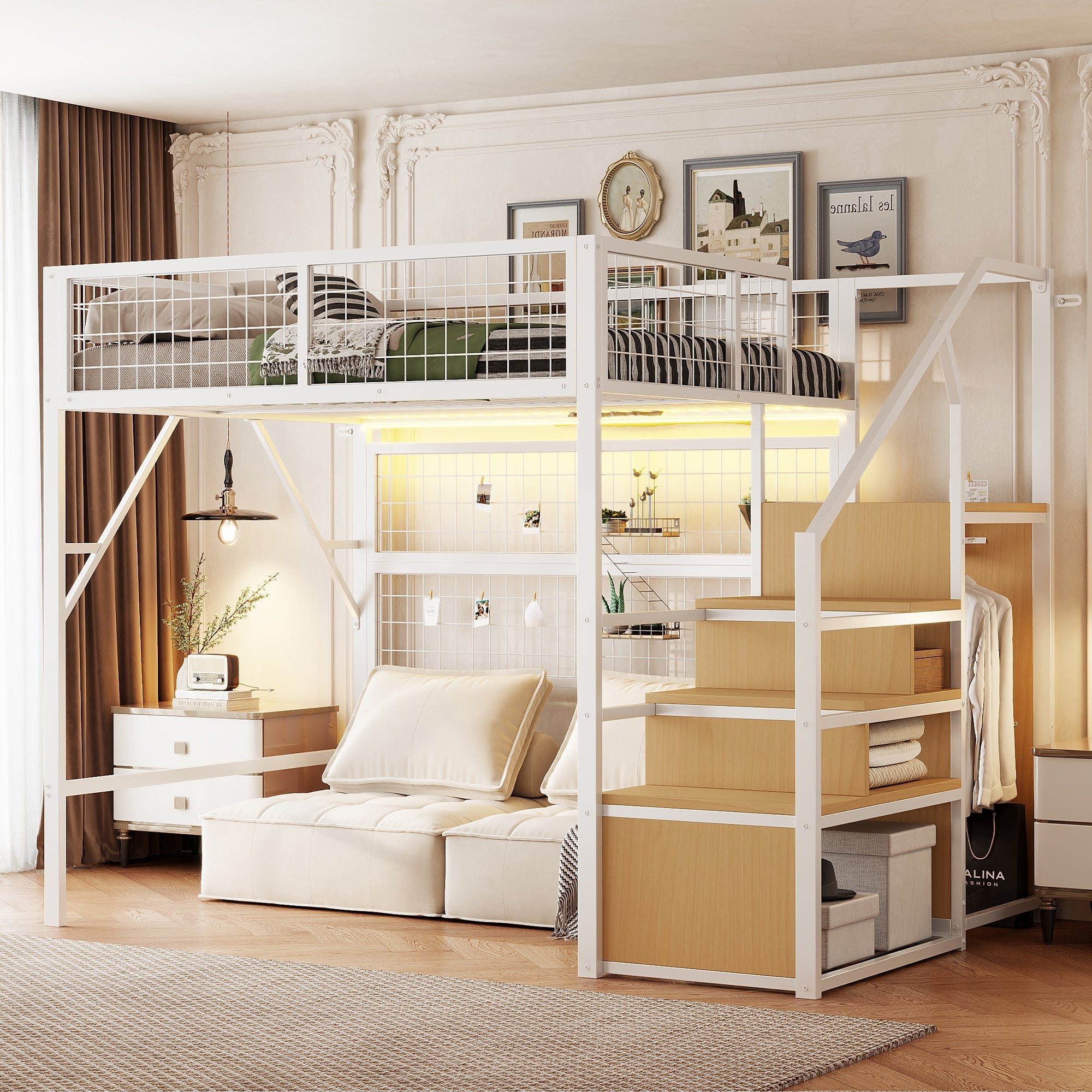 Loft Bed, 140x200 with LED Light Strips & Storage Stairs, Metal White